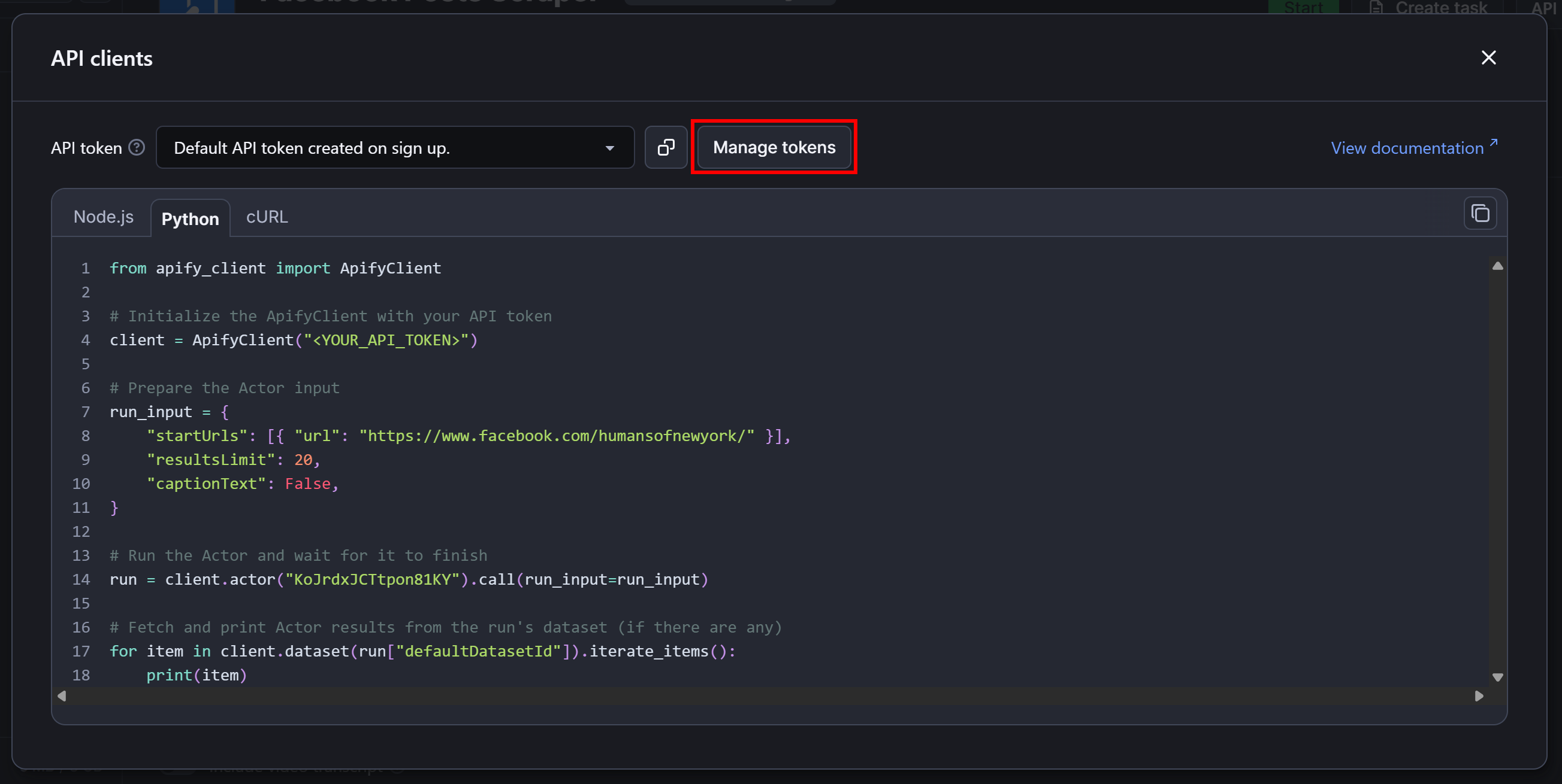 Clicking “Manage tokens”