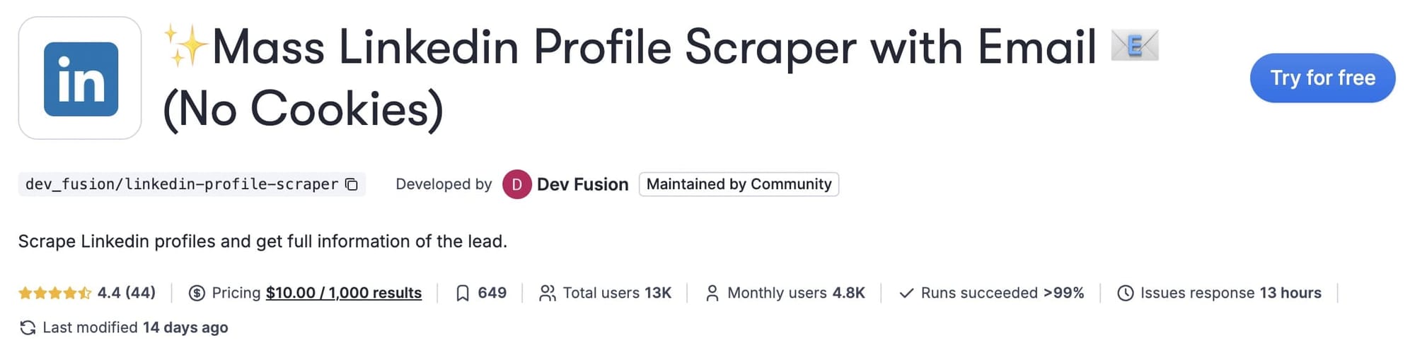 Apify: Mass LinkedIn Profile Scraper with Email (No Cookies)
