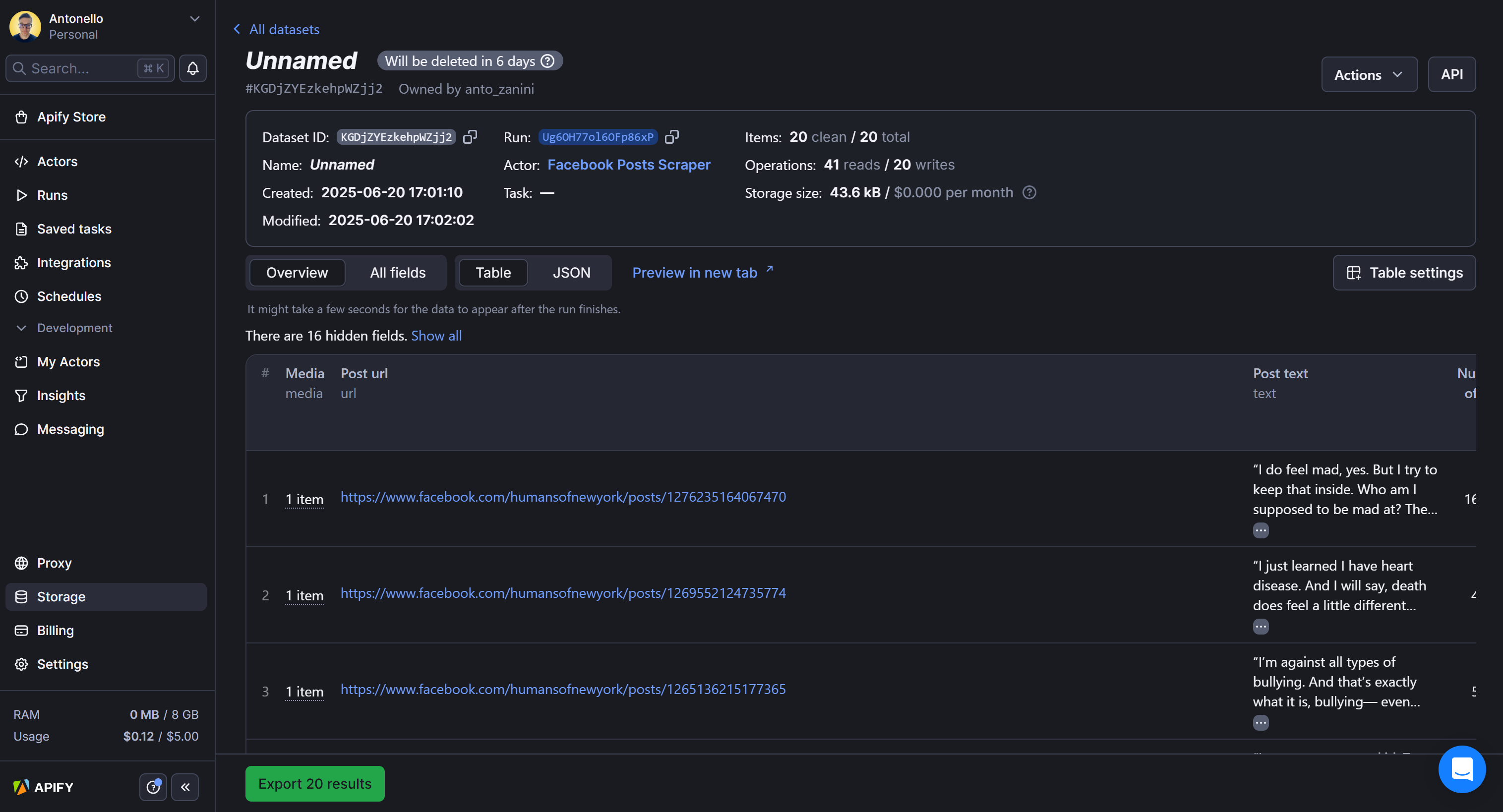 Note the results in tabular format, and the export button