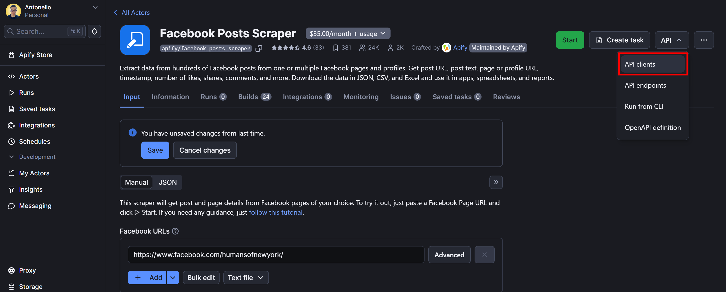 Selecting the “API clients” option