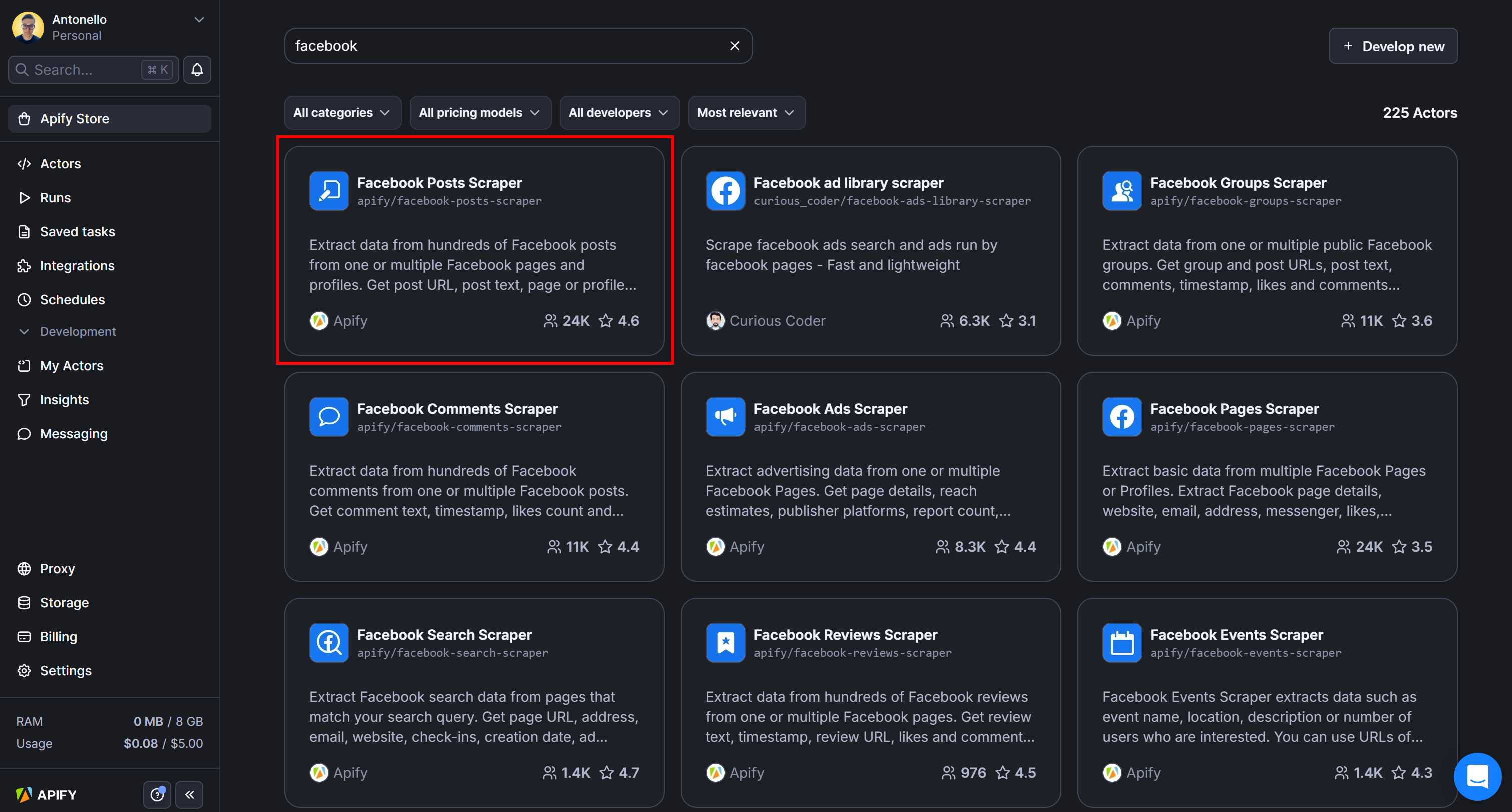 Selecting the Facebook Posts Scraper Actor