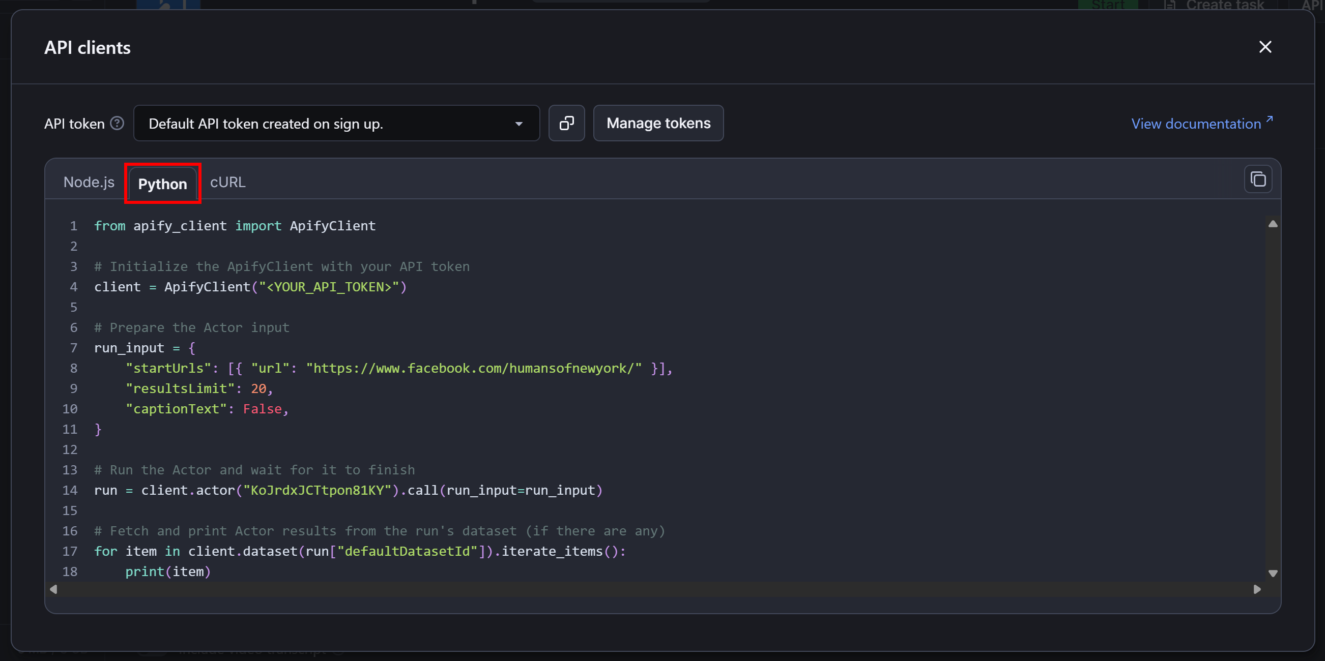 Selecting the Python tab