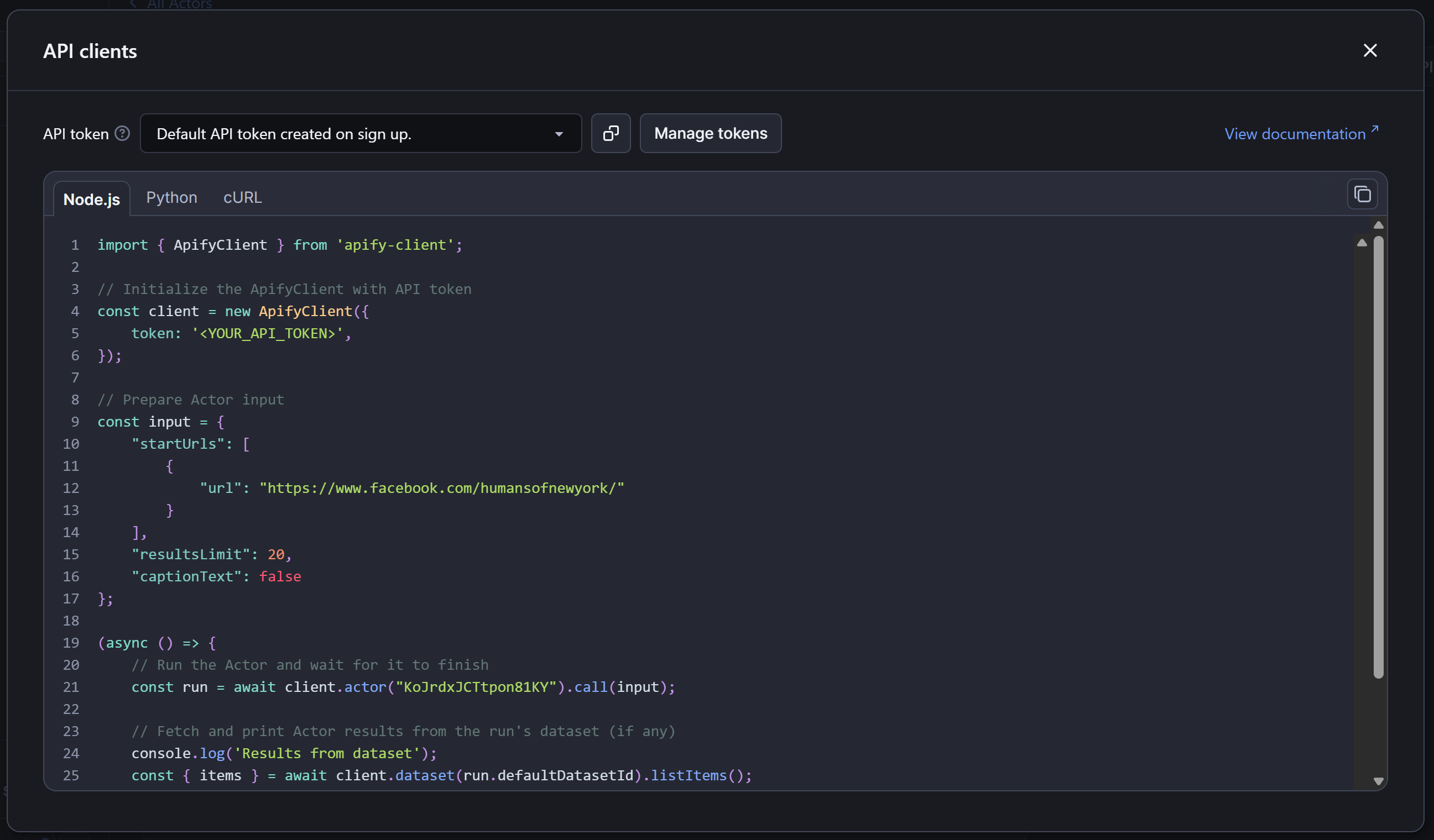 The “API clients” modal