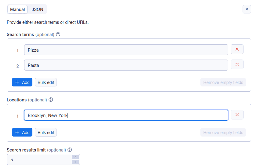 Insert search terms, locations, and optional results limit