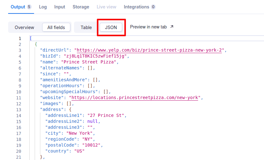 Scraped Yelp data in JSON format