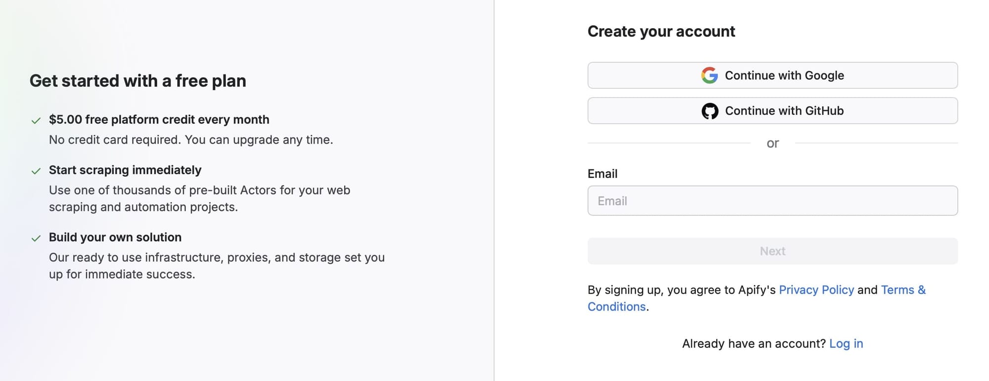 Apify signup page - Get started with a free plan