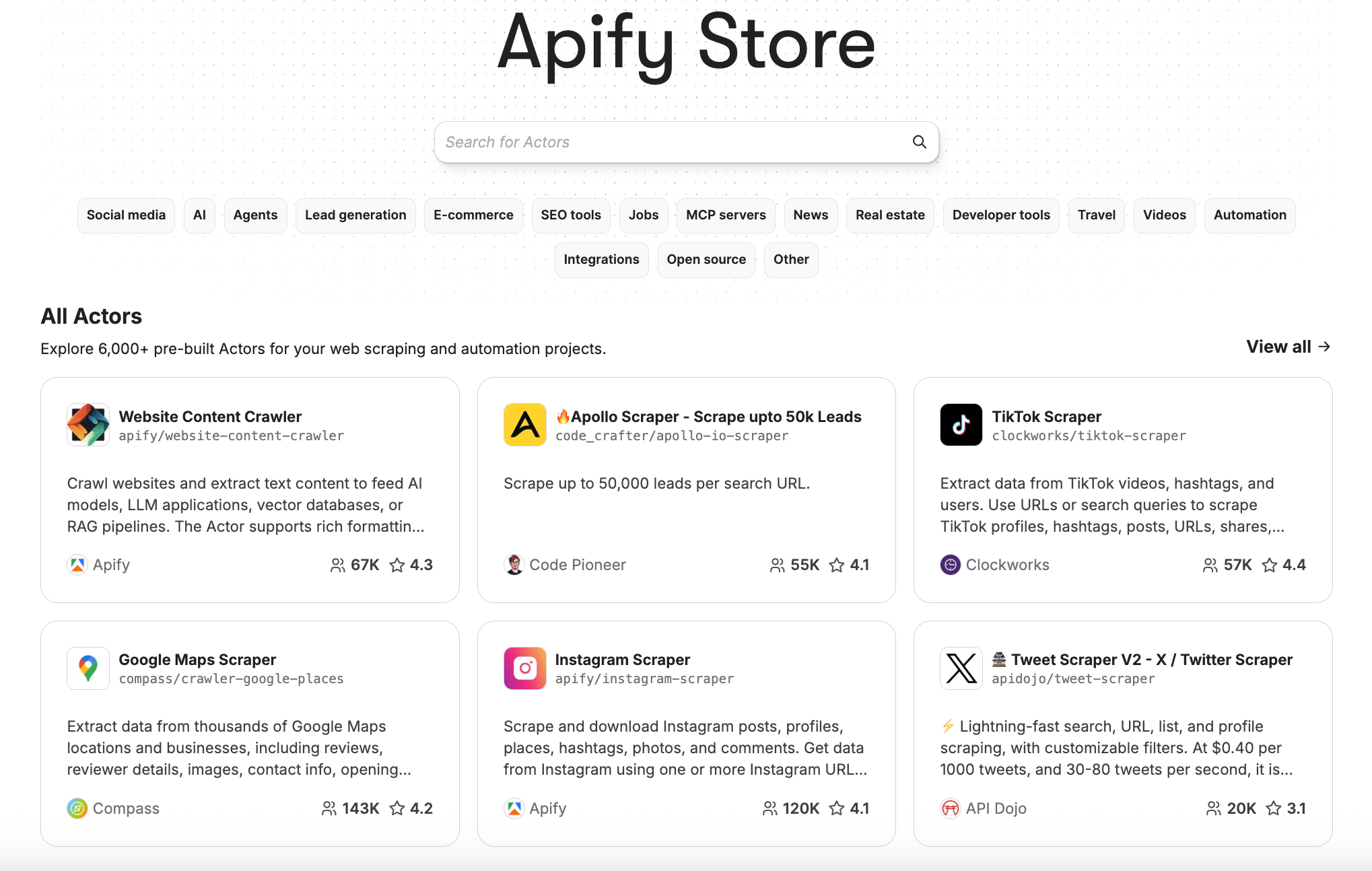 Apify Store homepage showing Actors and a search bar