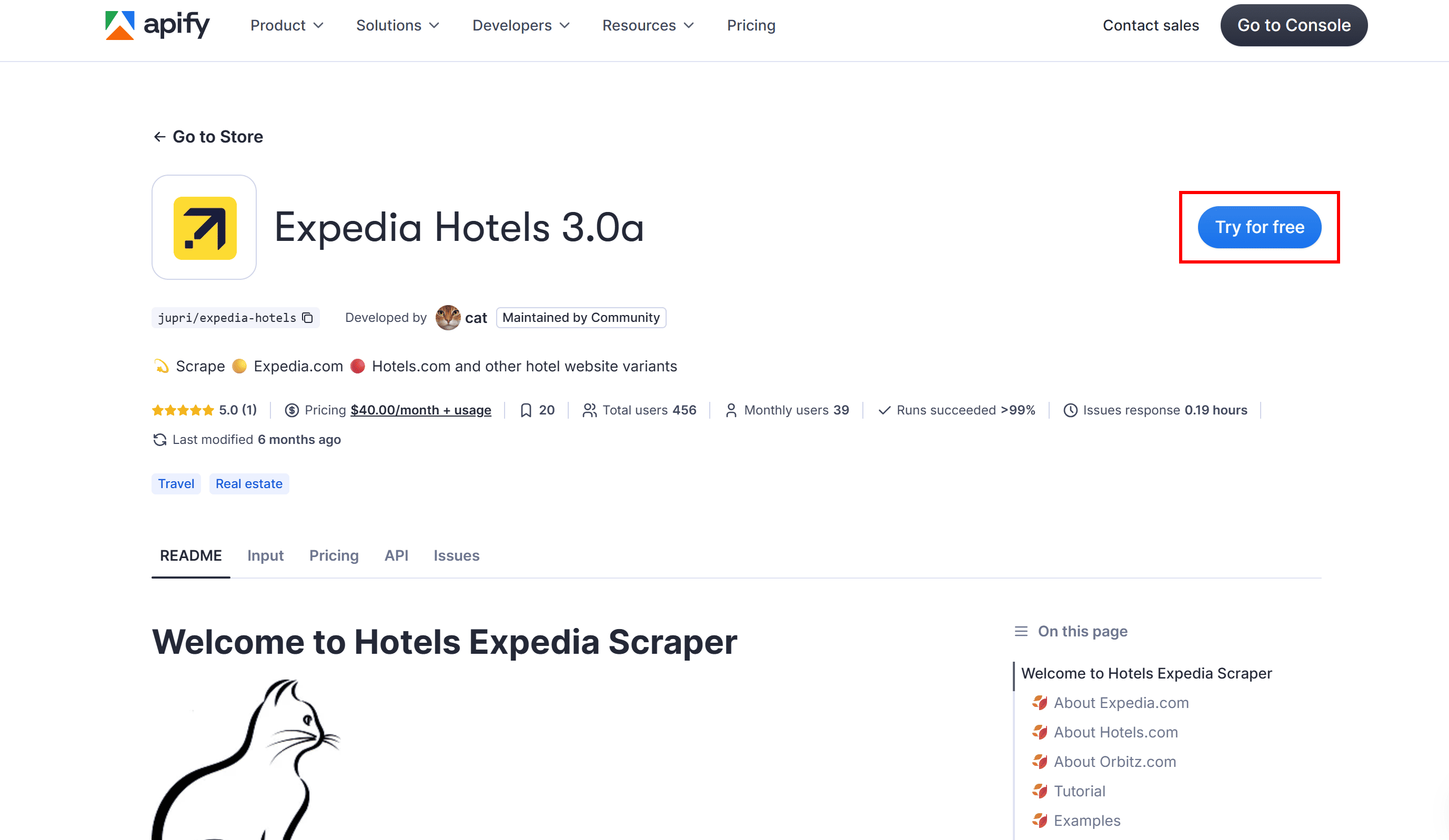 Clicking the “Try for free” button on the “Expedia Hotels 3.0a” Actor