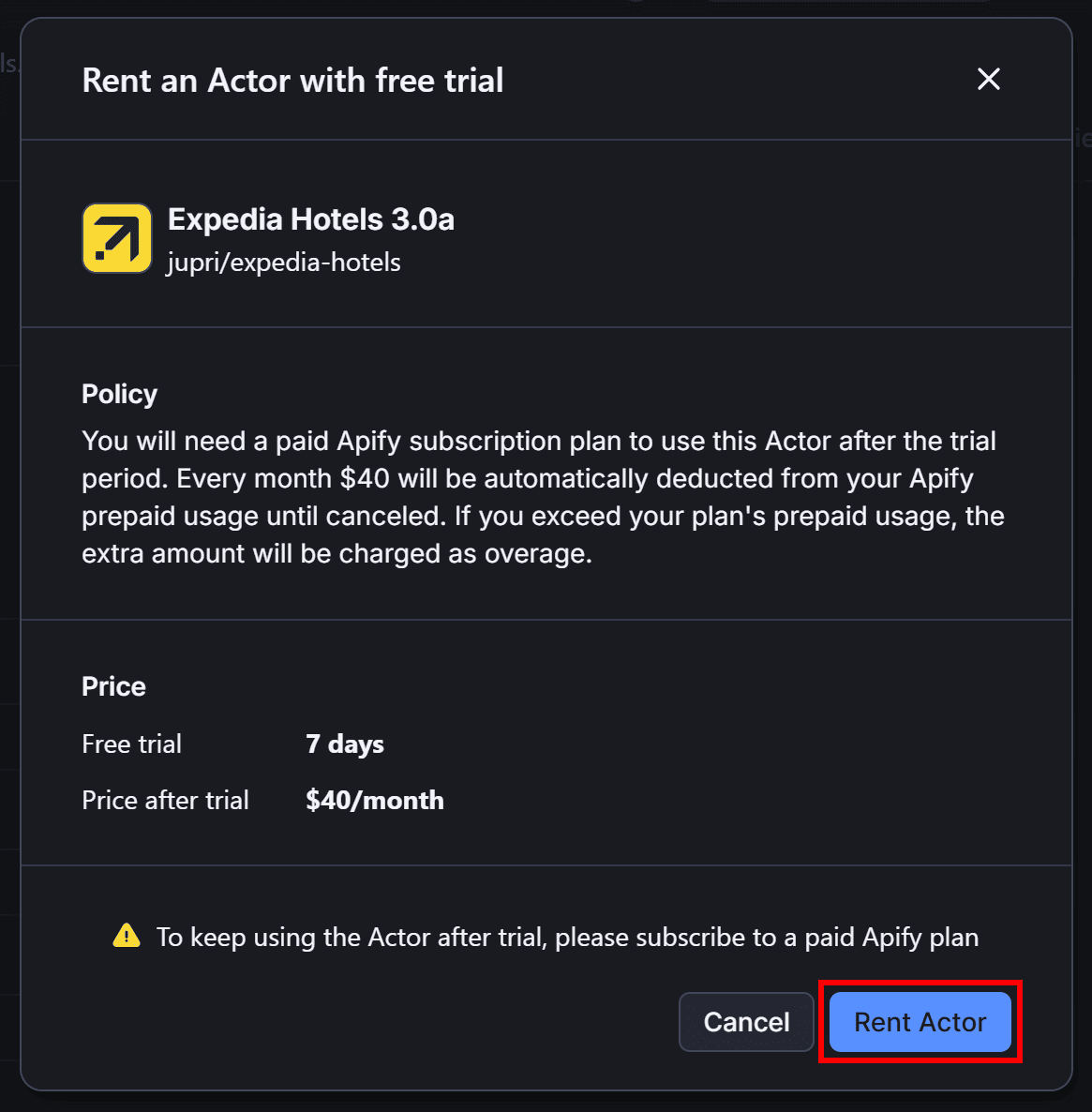 Clicking the “Rent Actor” button