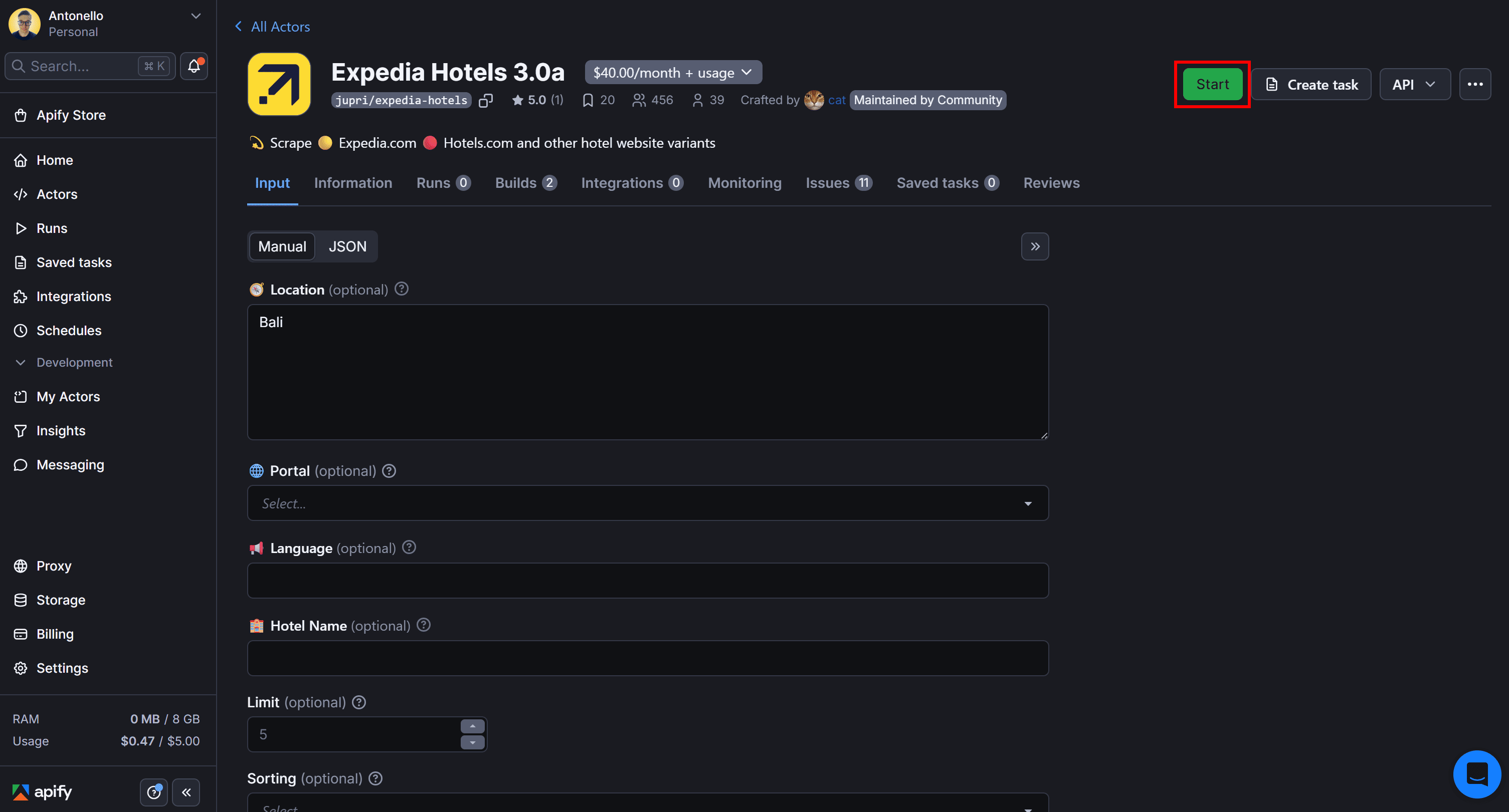 Clicking the “Start” button