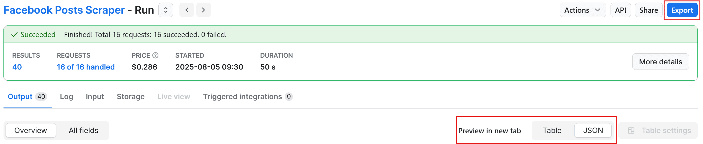 Preview in the JSON format