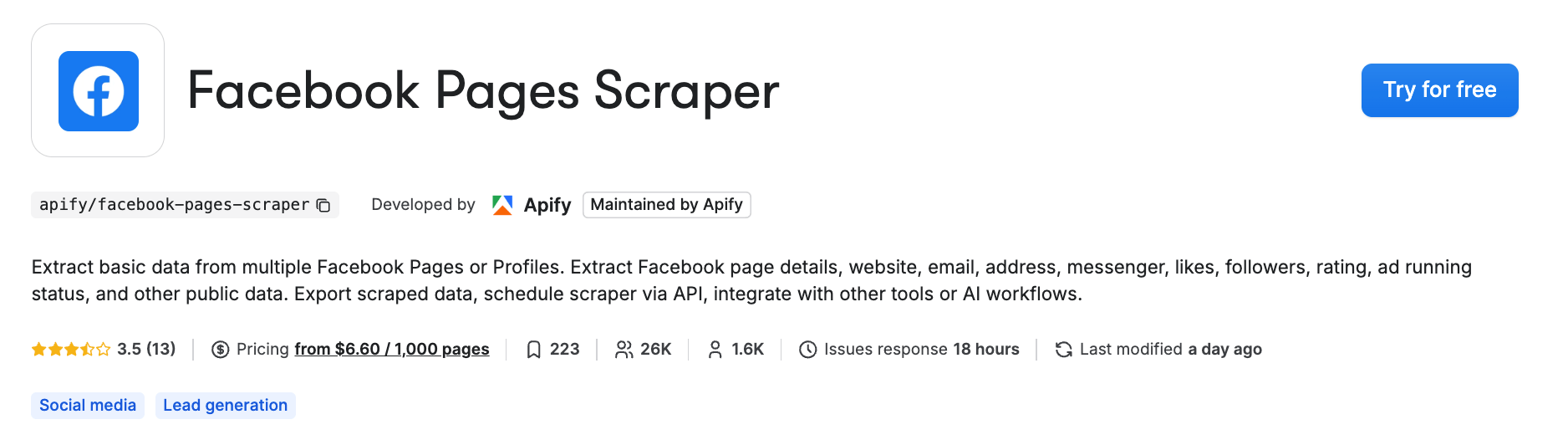Facebook Pages Scraper on Apify Store