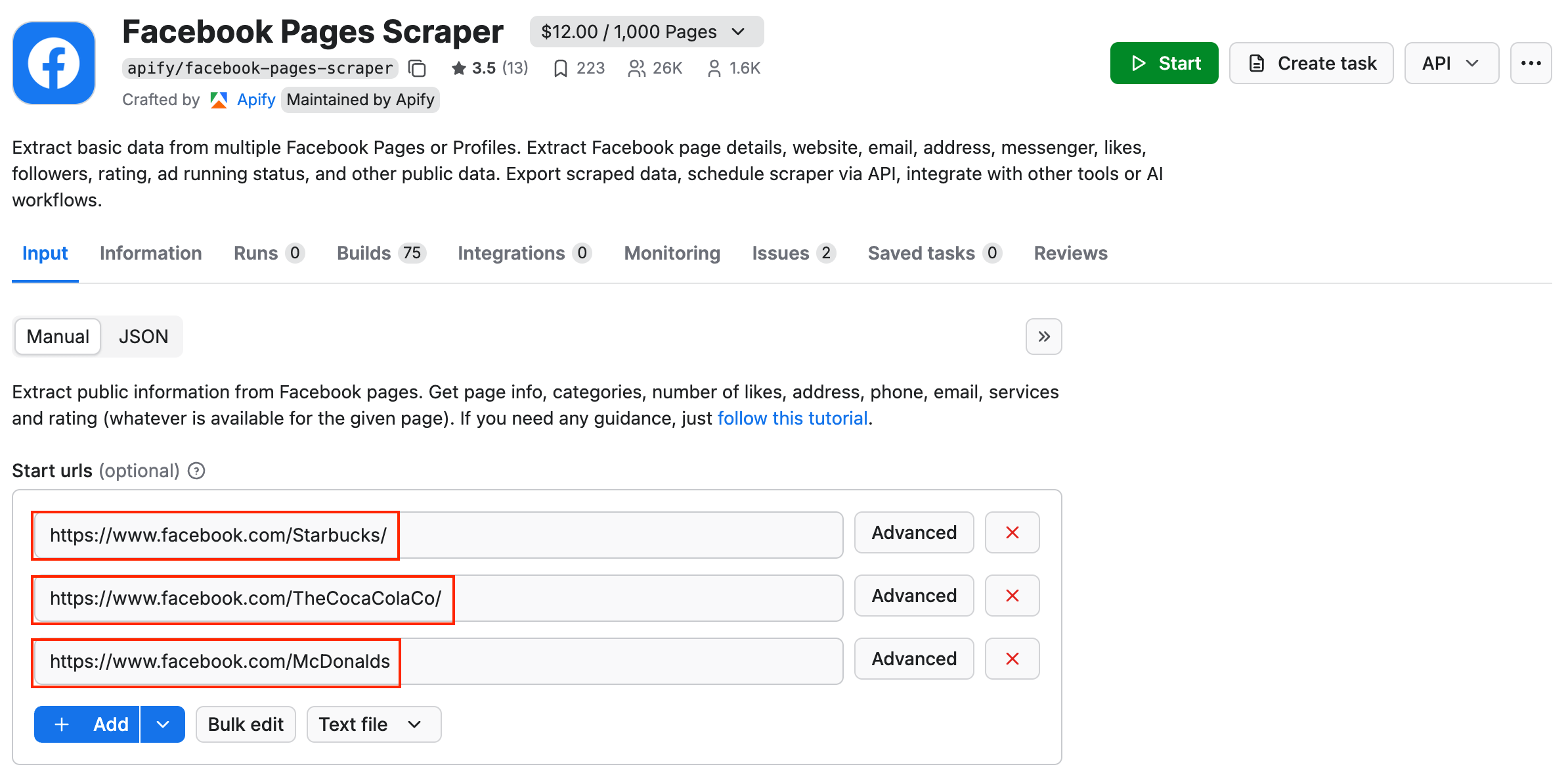 Facebook Pages Scraper UI on Apify Console