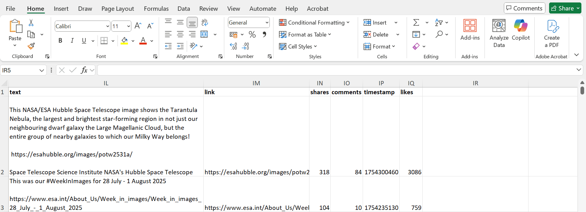Facebook data shown in the Excel spreadsheet 