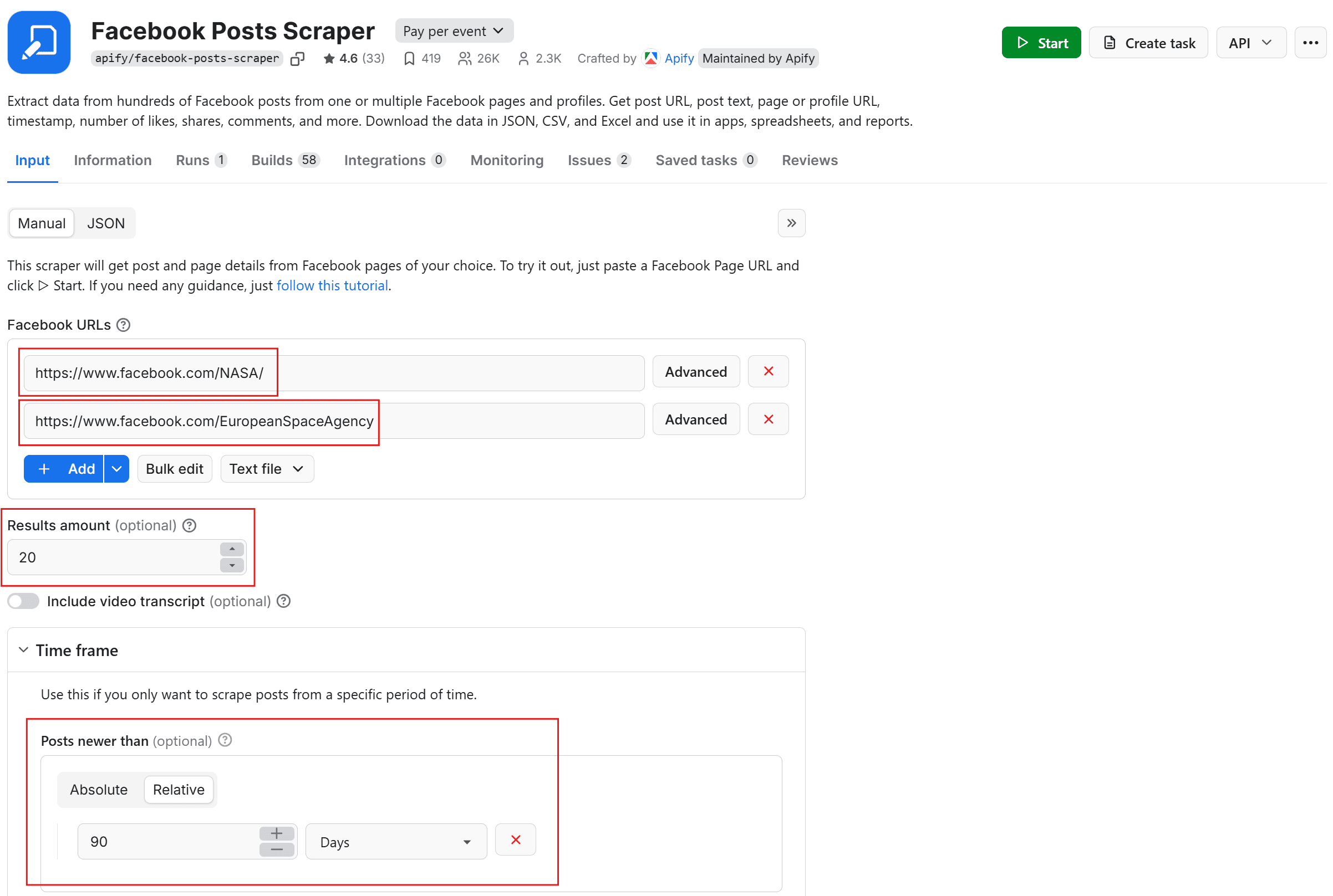 Facebook Post Scraper UI on Apify Console