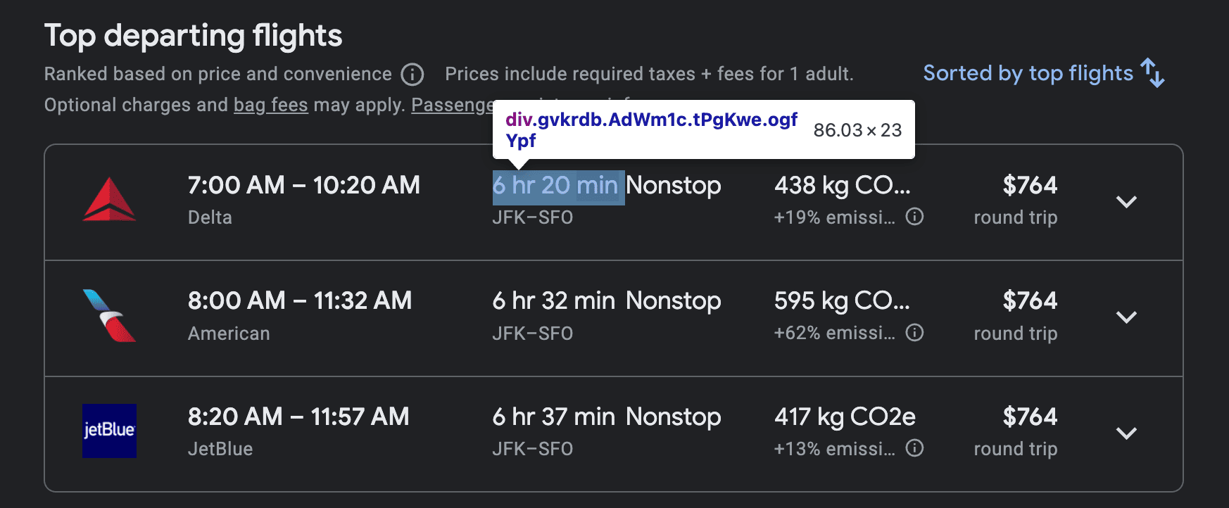 Flight duration div element