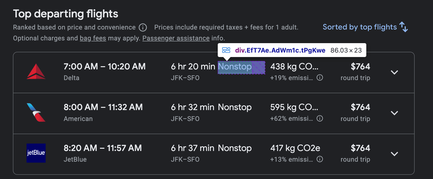 Flight stops div element