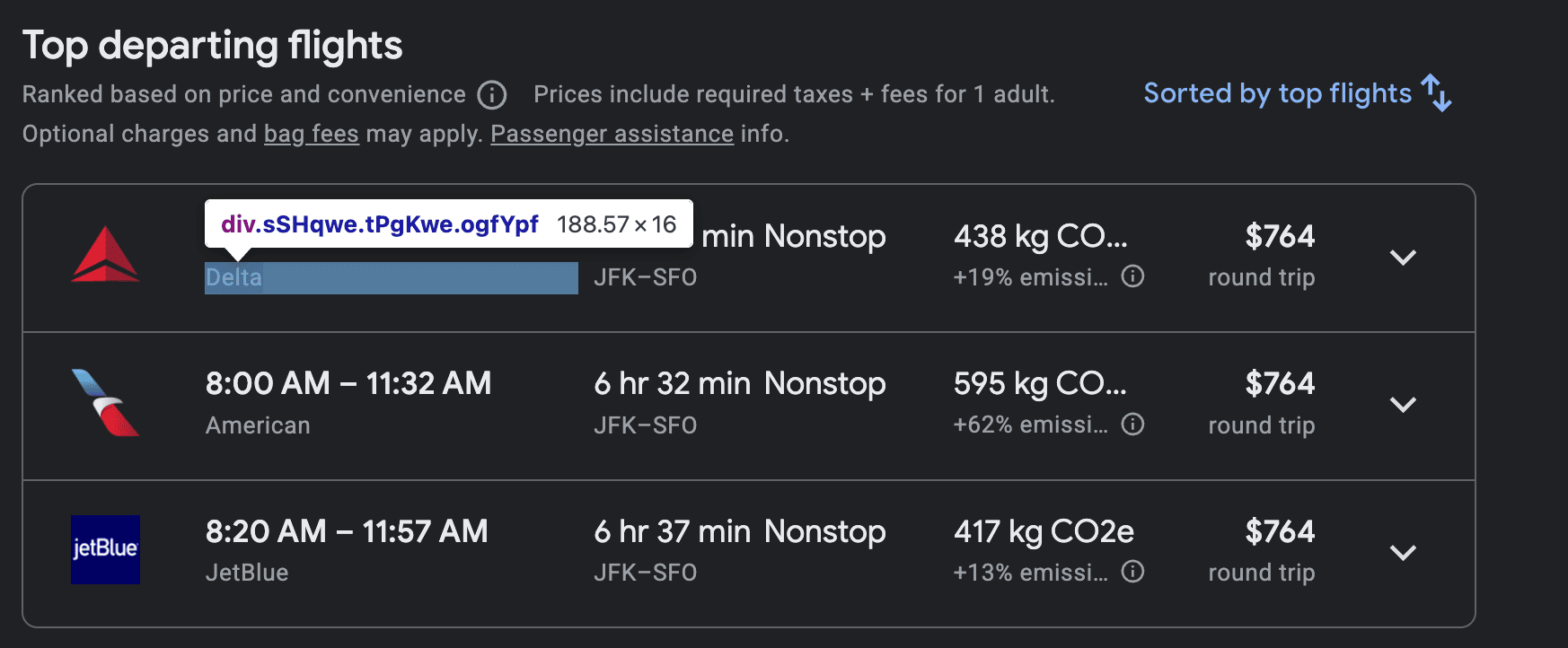 Google Flights div element