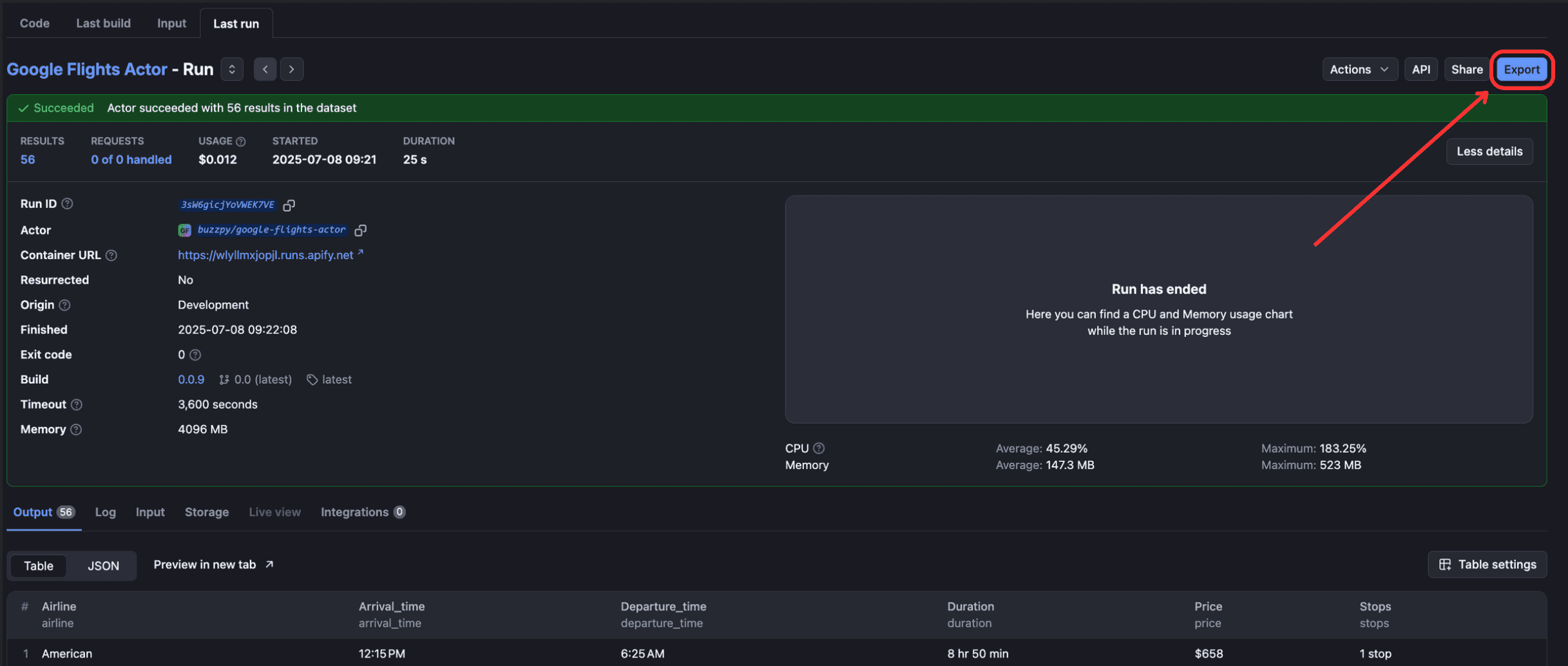 Google Flights scraper output on Apify