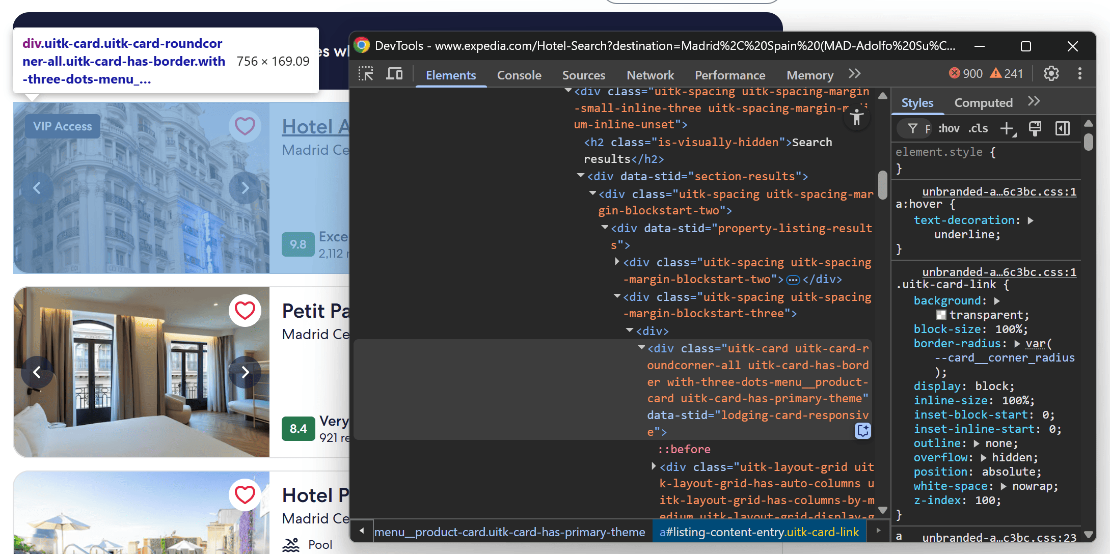 Inspecting one of the hotel HTML cards on the page