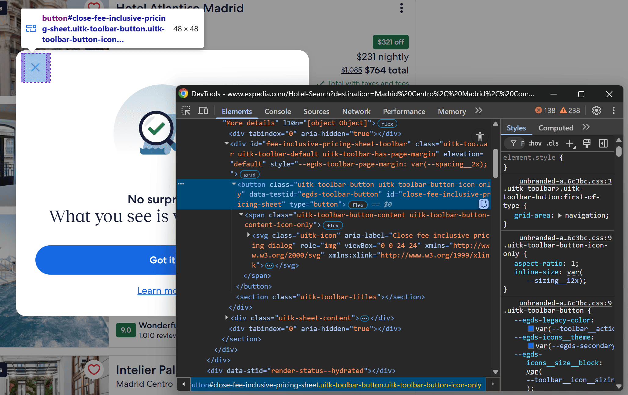 Inspecting the “×” button