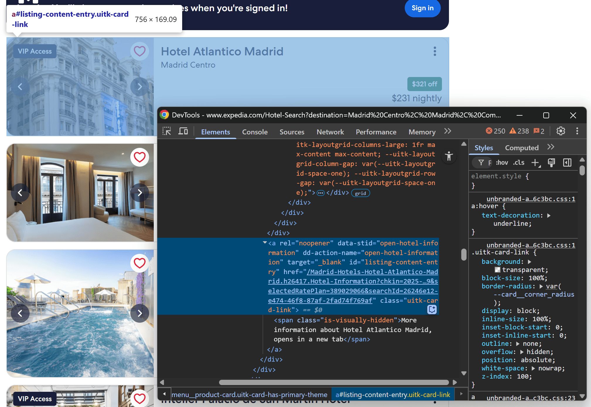 Inspecting the hotel card link element