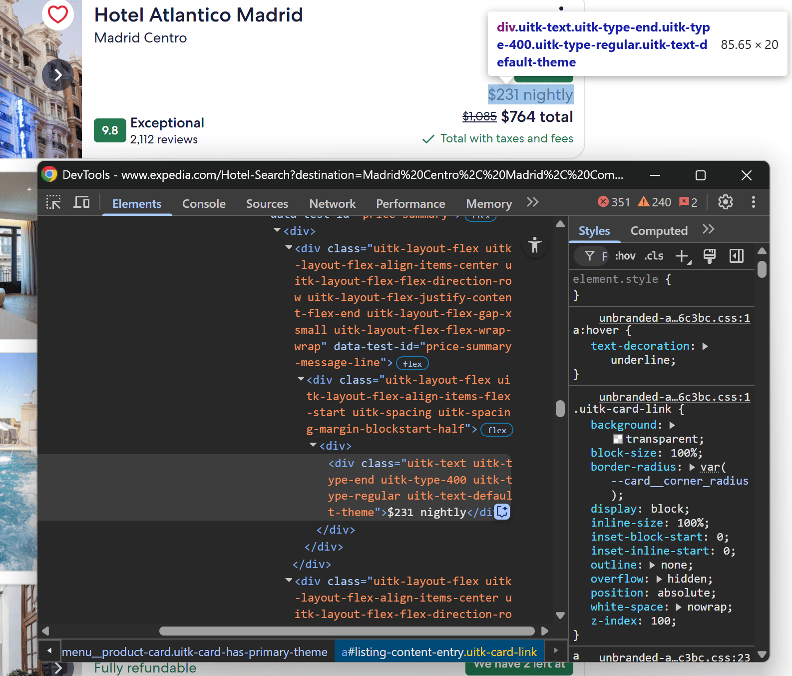 Inspecting the nightly price element