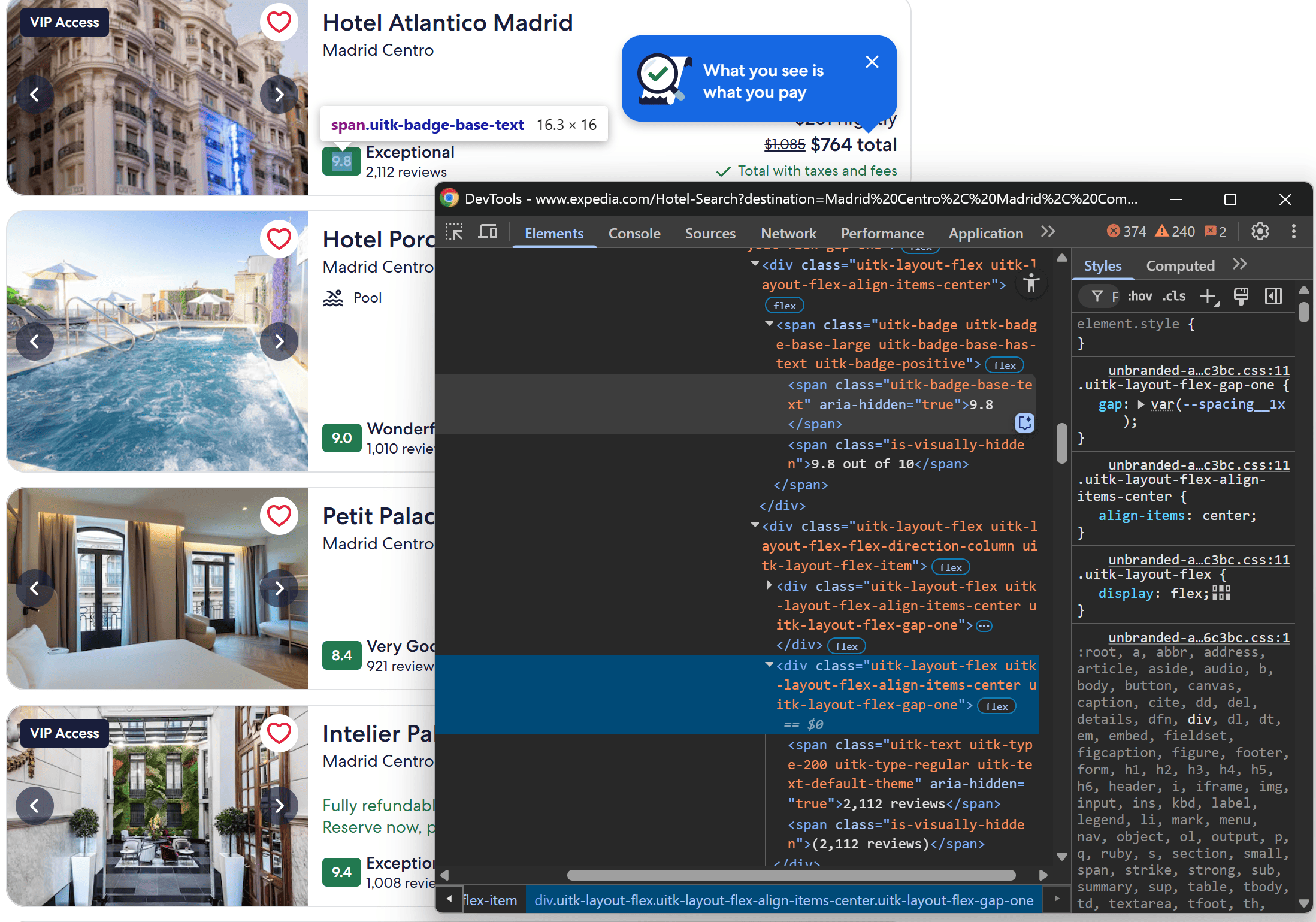 Inspecting the review elements