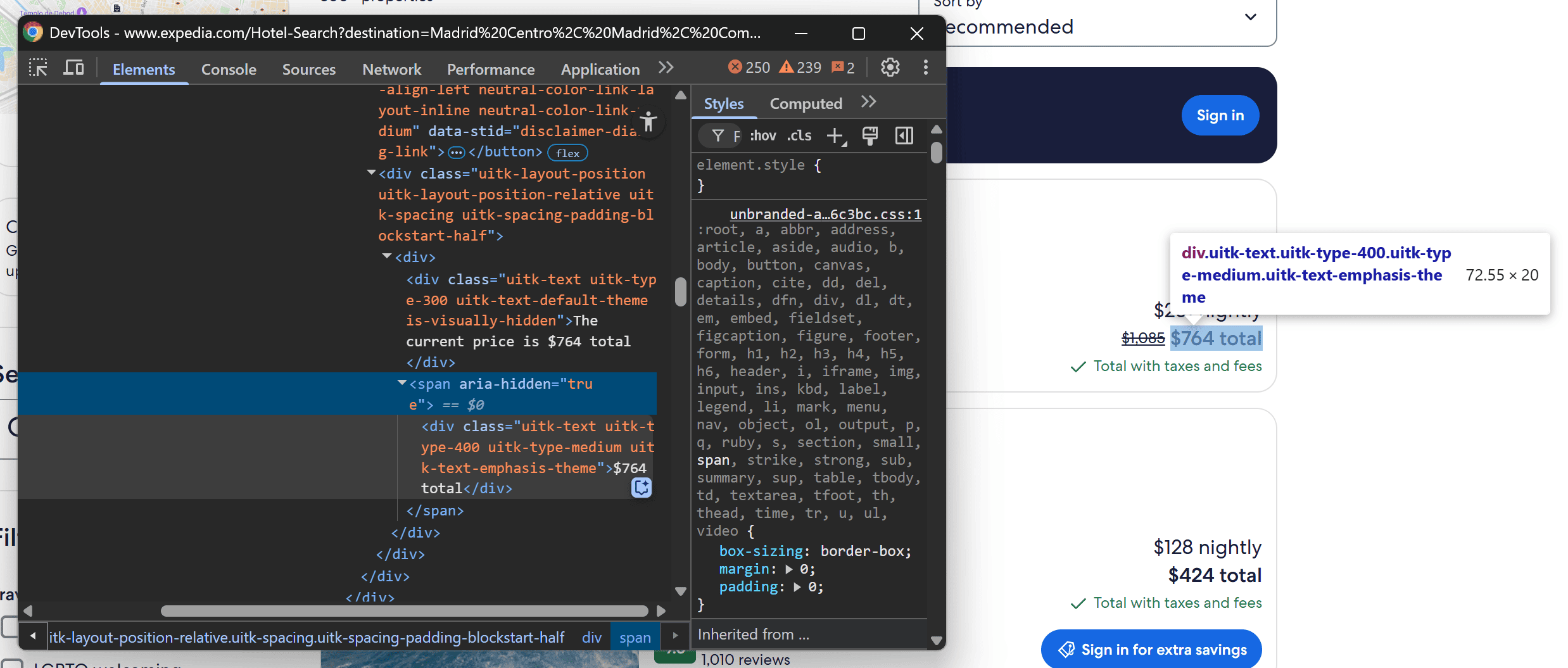 Inspecting the total price element