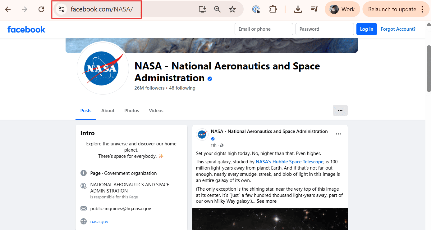 Facebook Page of NASA with a highlighted URL