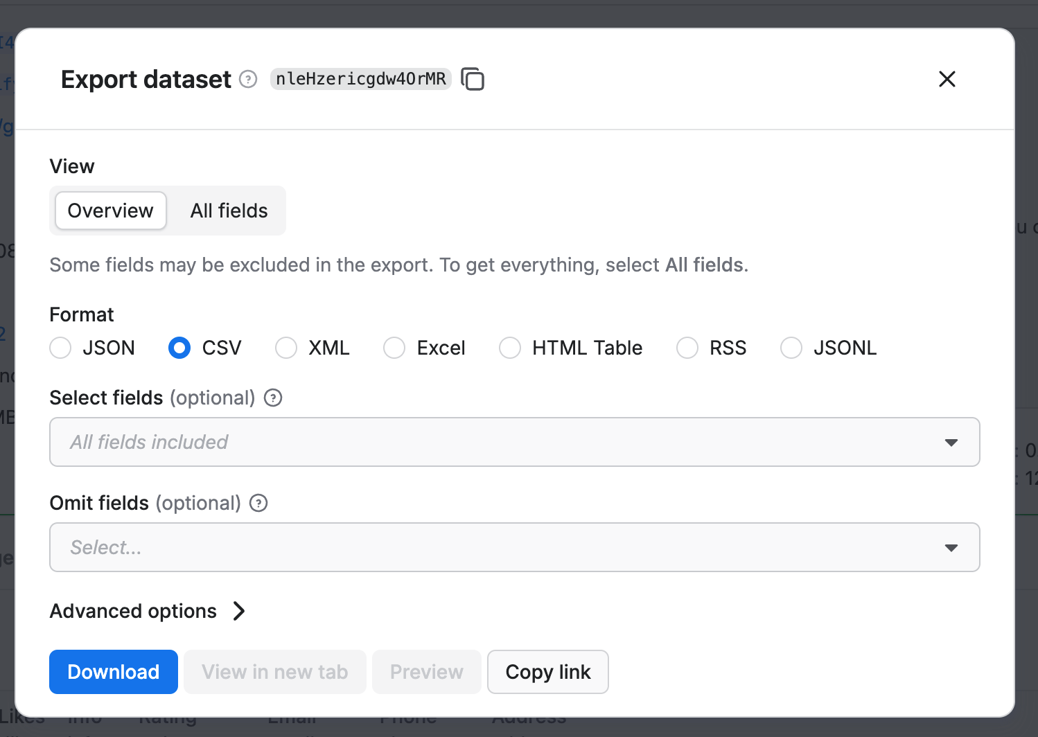 Export dataset screen with various download options