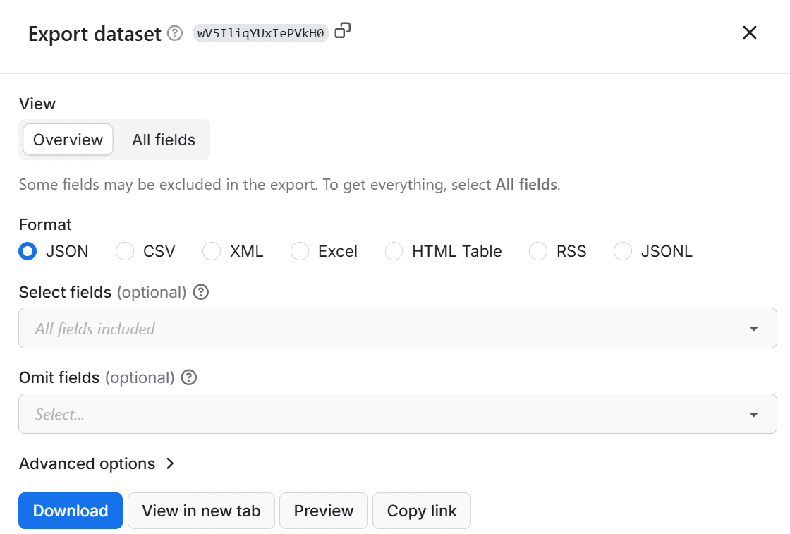 Export dataset screen with various download options 