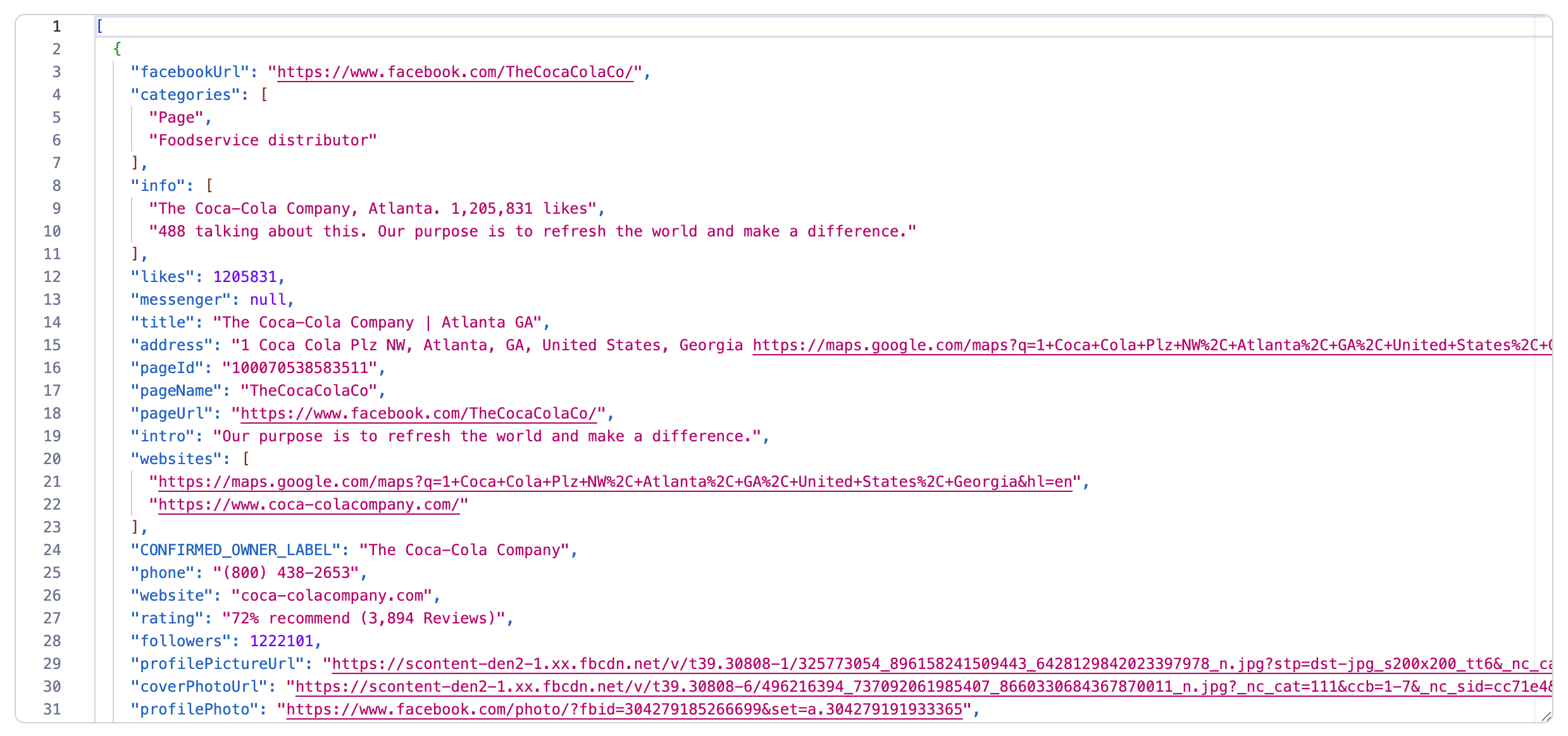 Scraped dataset preview in JSON