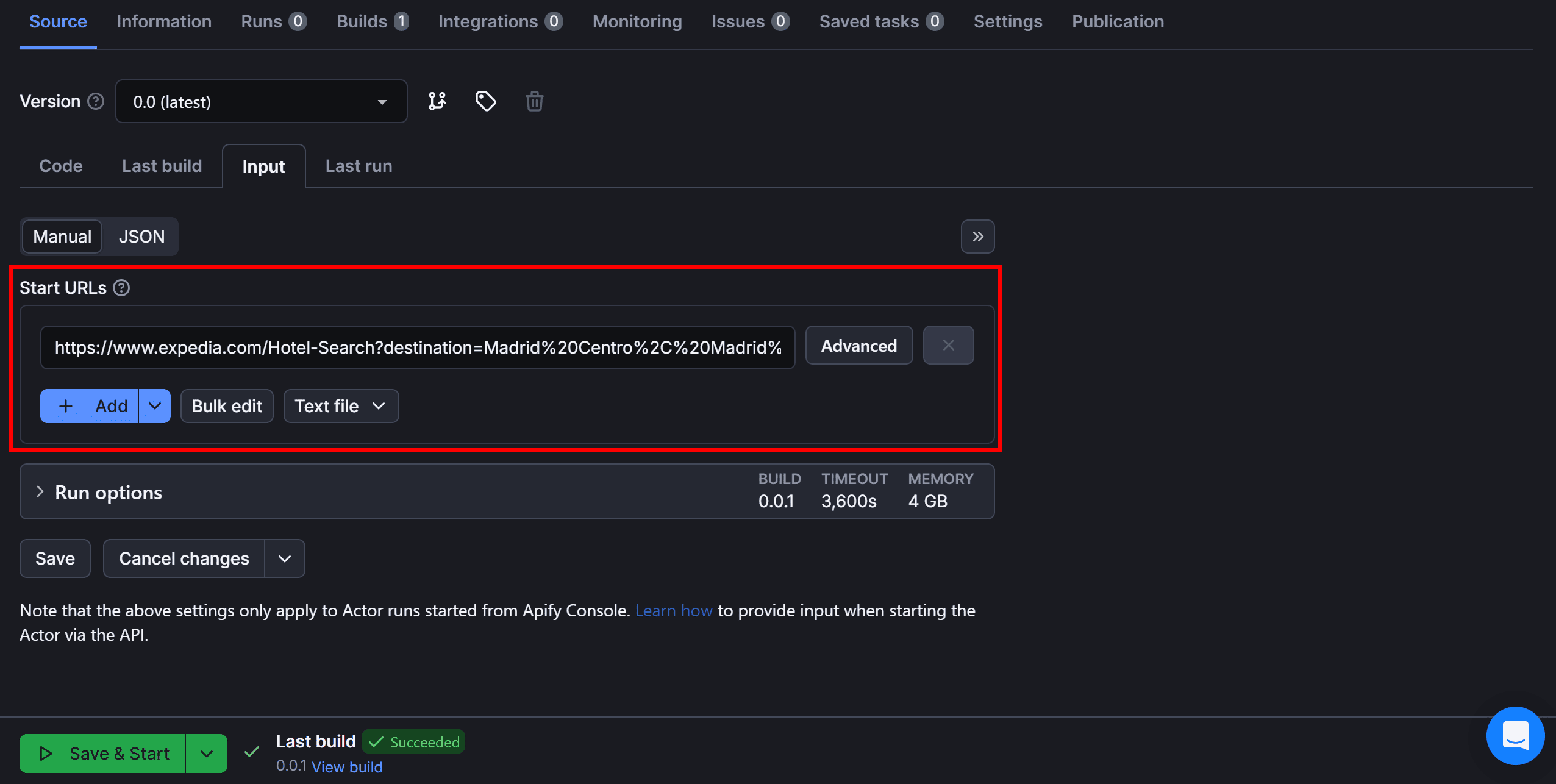 Setting the input URL