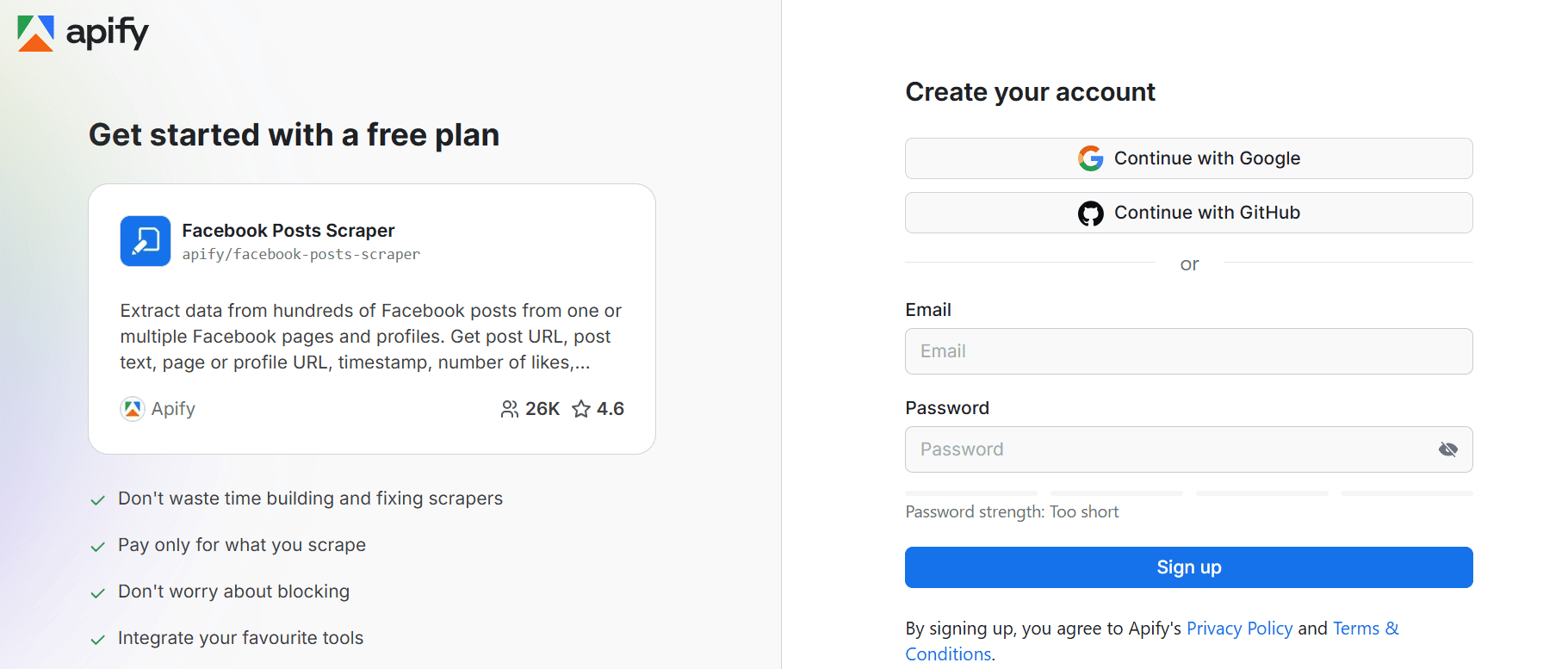 Creating a free account screen with third-party sign-ins 