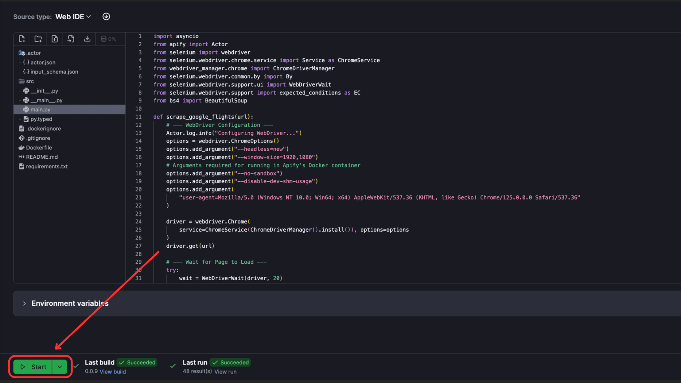 Start Google Flights scraper on Apify