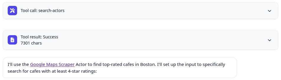 LLM selecting Google Maps Scraper to complete a task