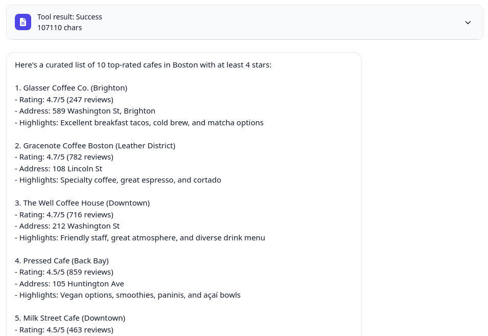 Tool results: curated list of cafes in Boston with 4 stars