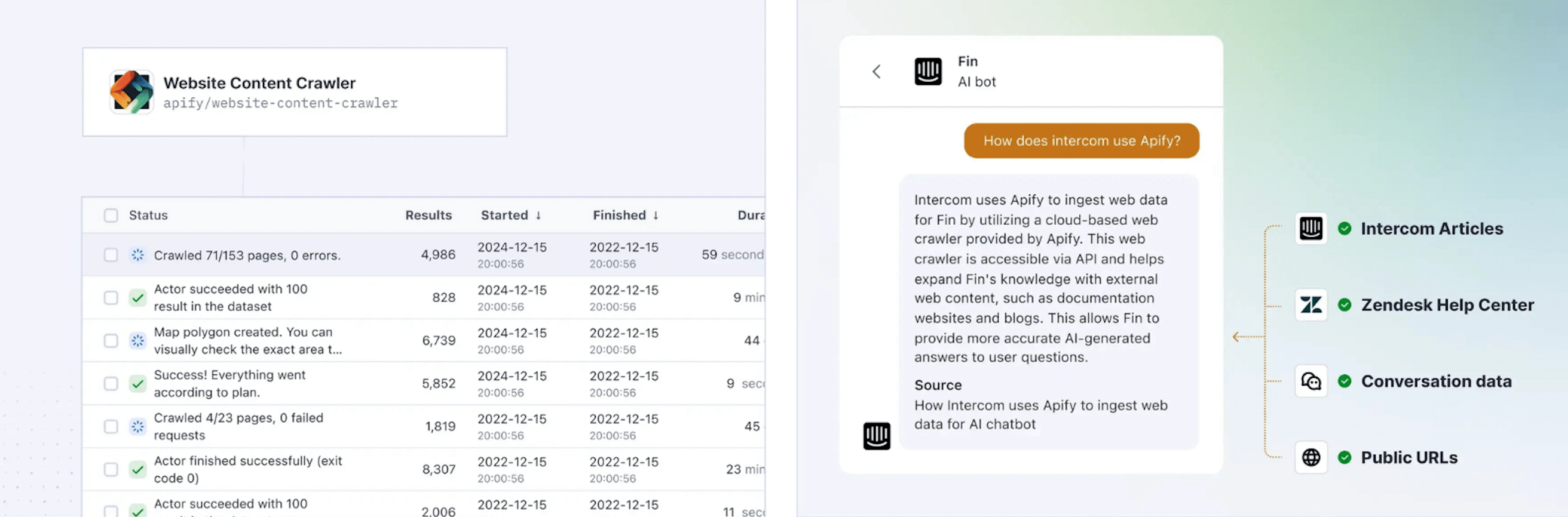 Apify’s Website Content Crawler in action on the left and the Fin AI chatbot ingesting web data on the right.