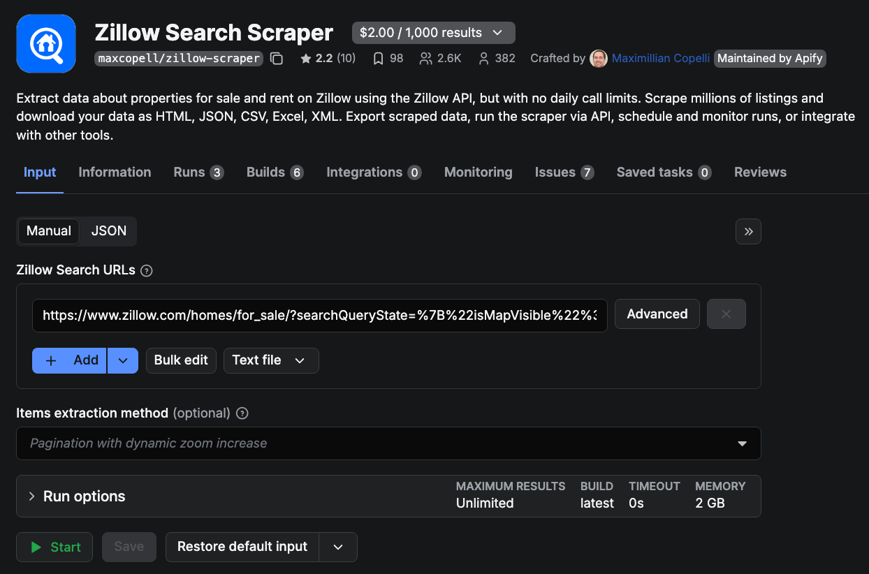 Zillow Search Scraper - Apify Console