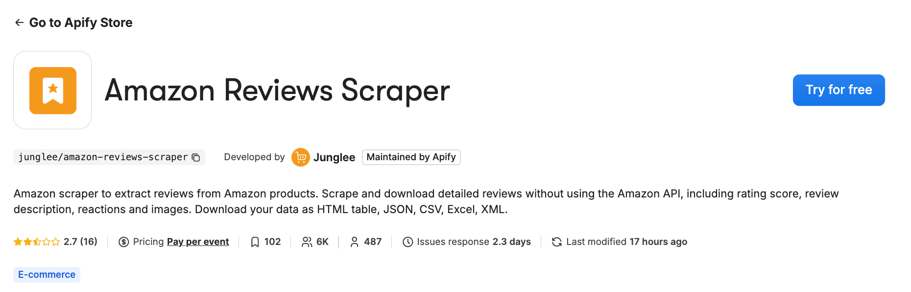 Amazon Reviews Scraper on Apify Store