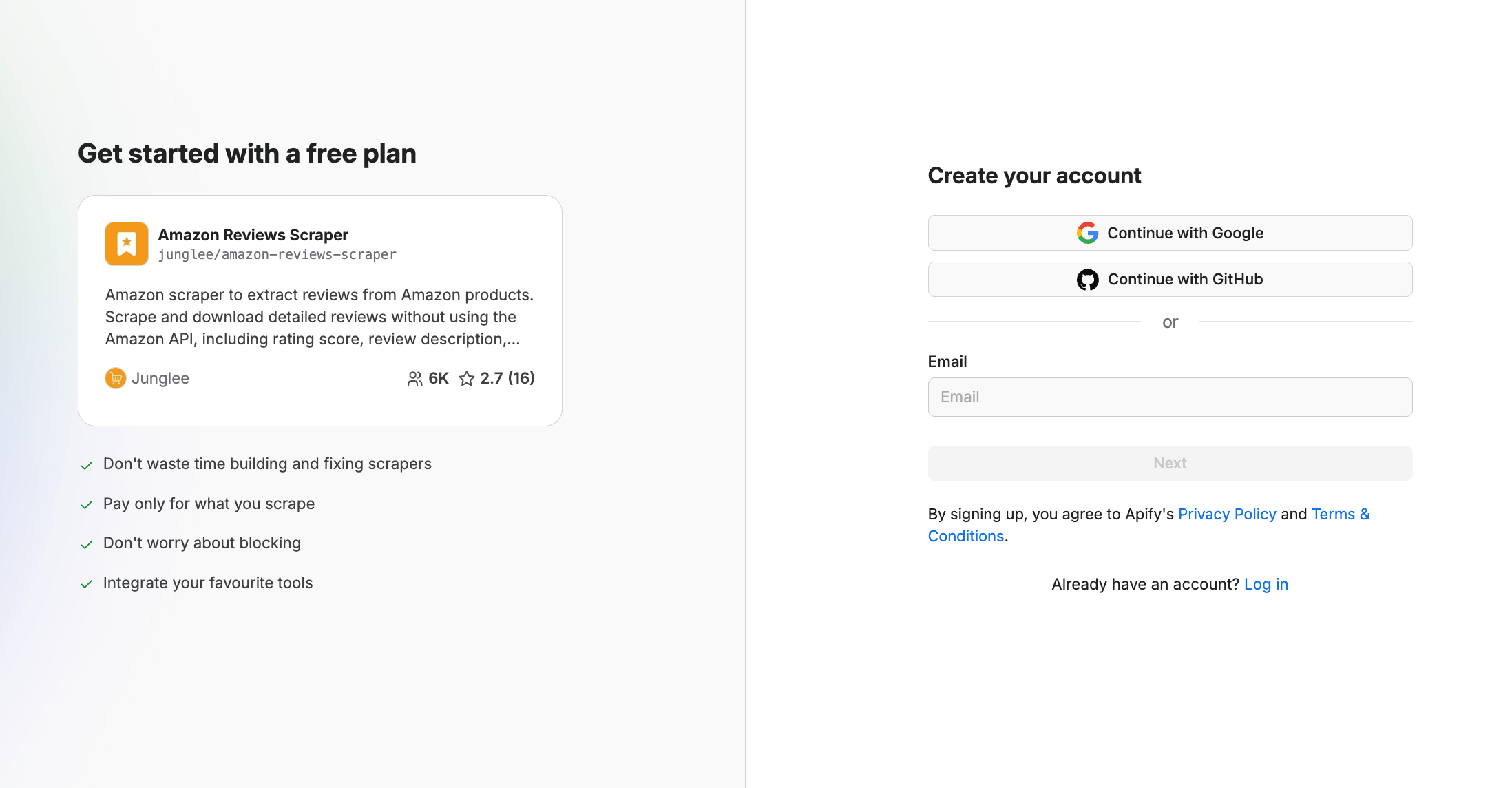 Apify Console with third-party sign-ins