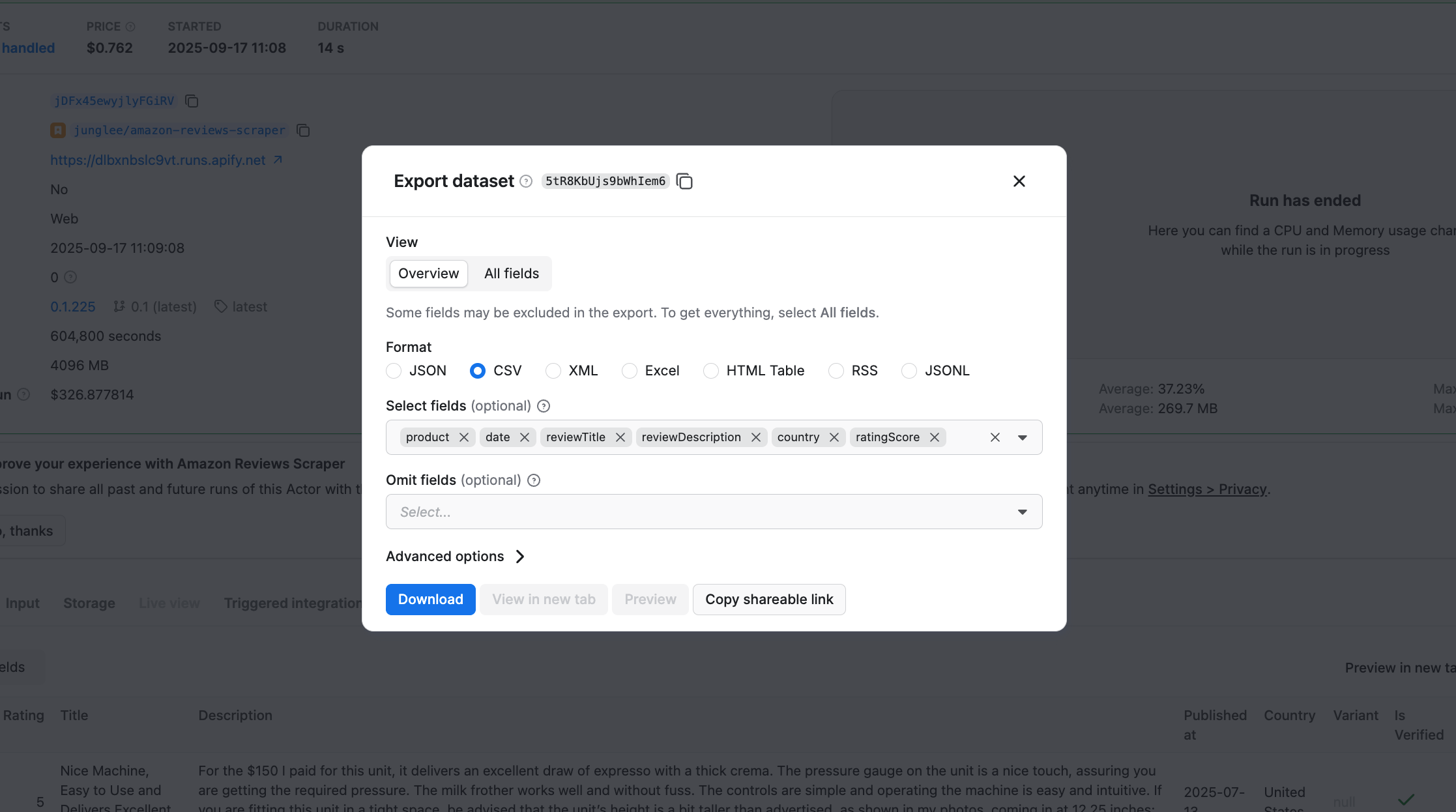 Export dataset screen with various download options