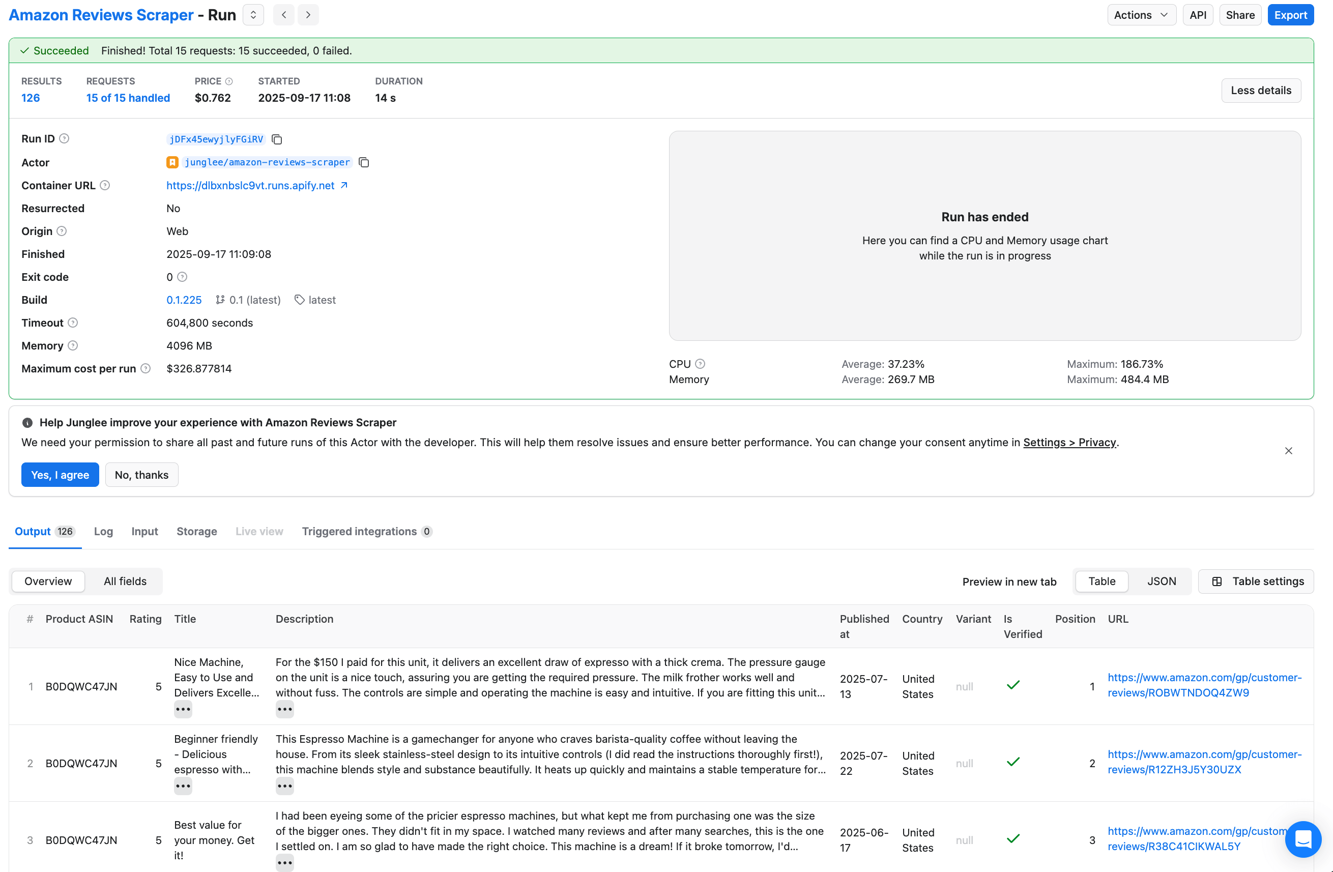 The scraper run finished successfully showing results