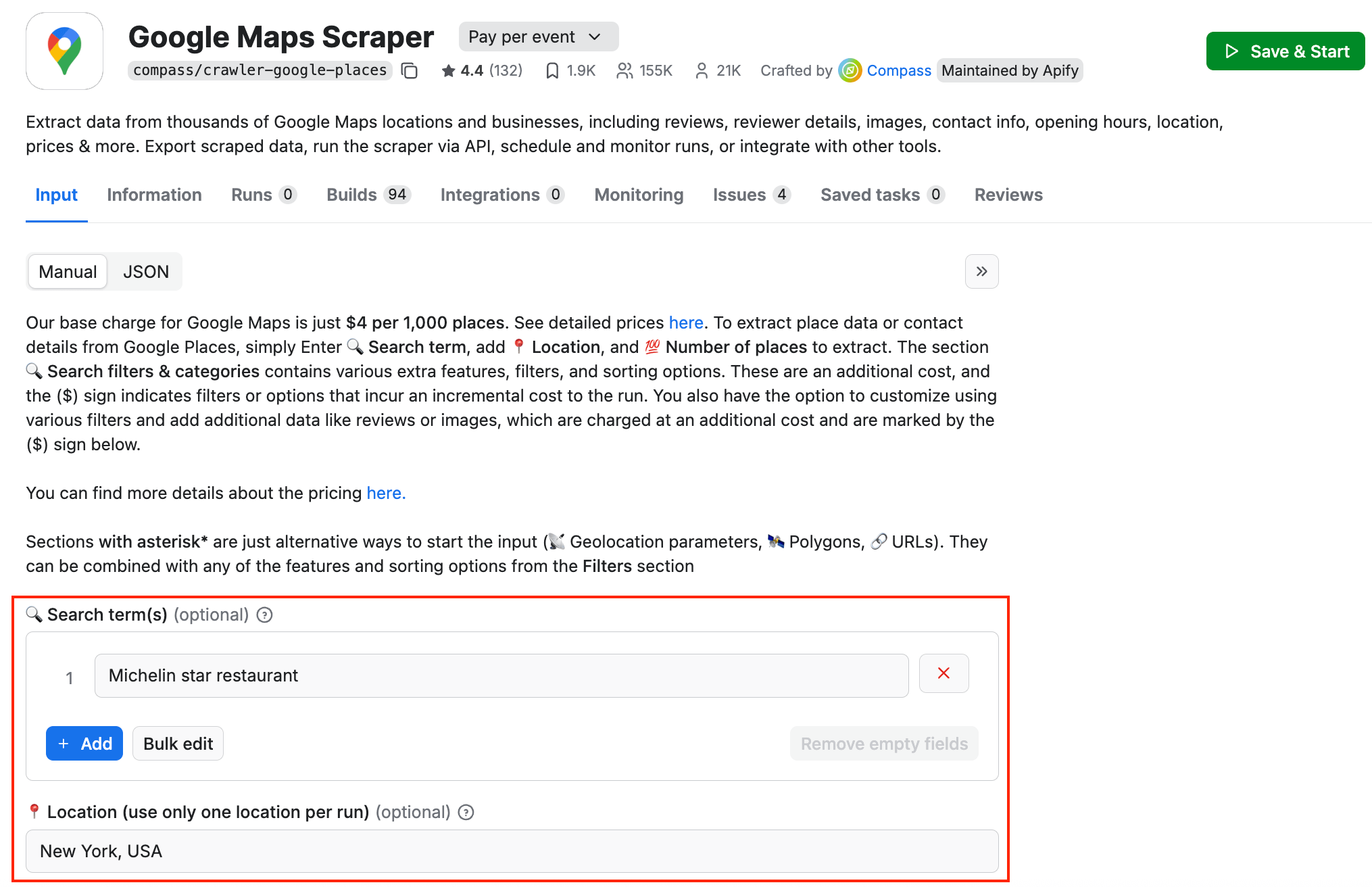 Apify Google Maps Scraper UI om Apify Console