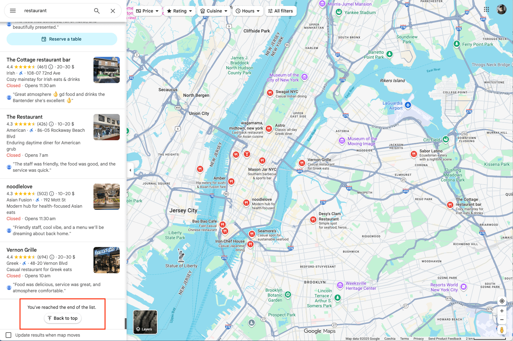 Google Maps page showing the end of available results