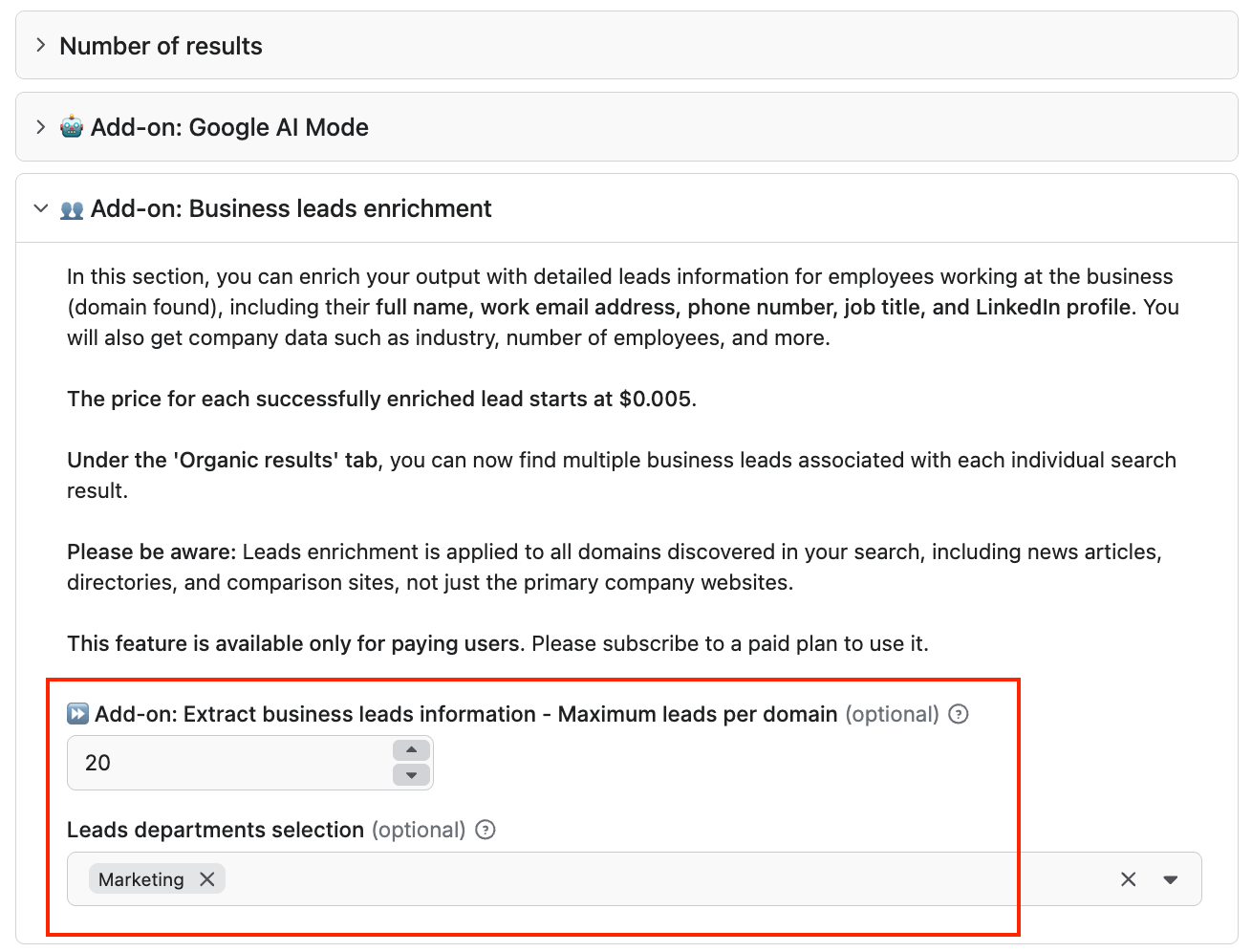 Business leads enrichment features