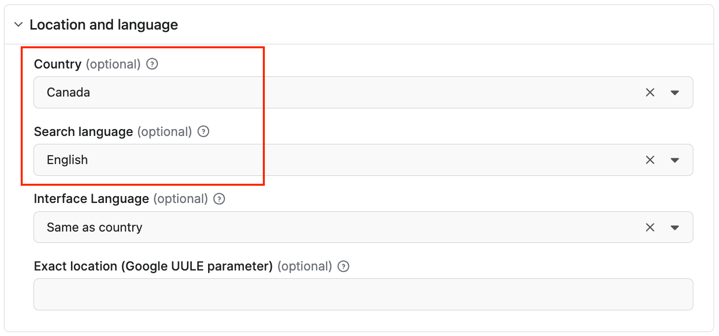 Google Search Results Scraper configuration - country and language