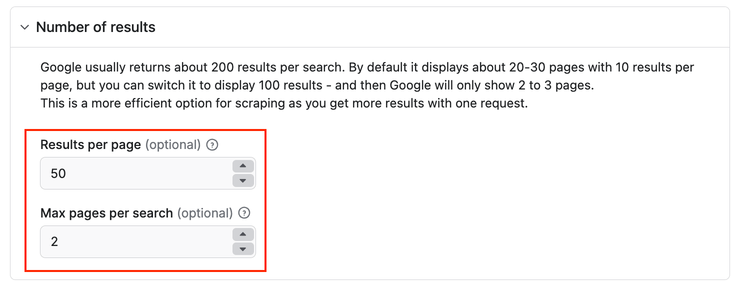 Google Search Results Scraper configuration - number of pages
