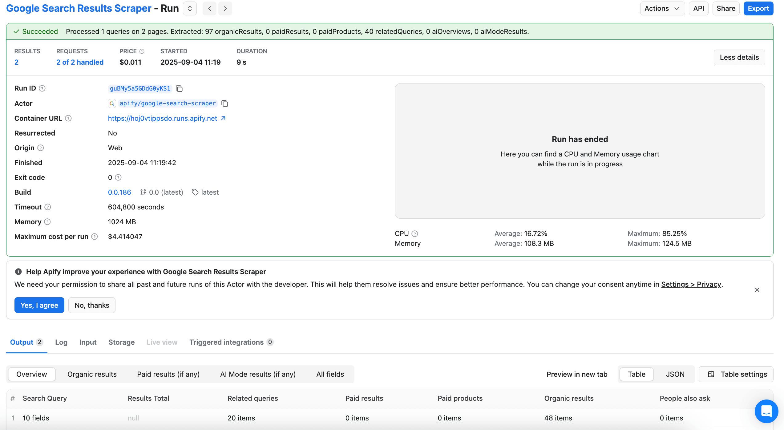 Google Search Results Scraper run finished successfully